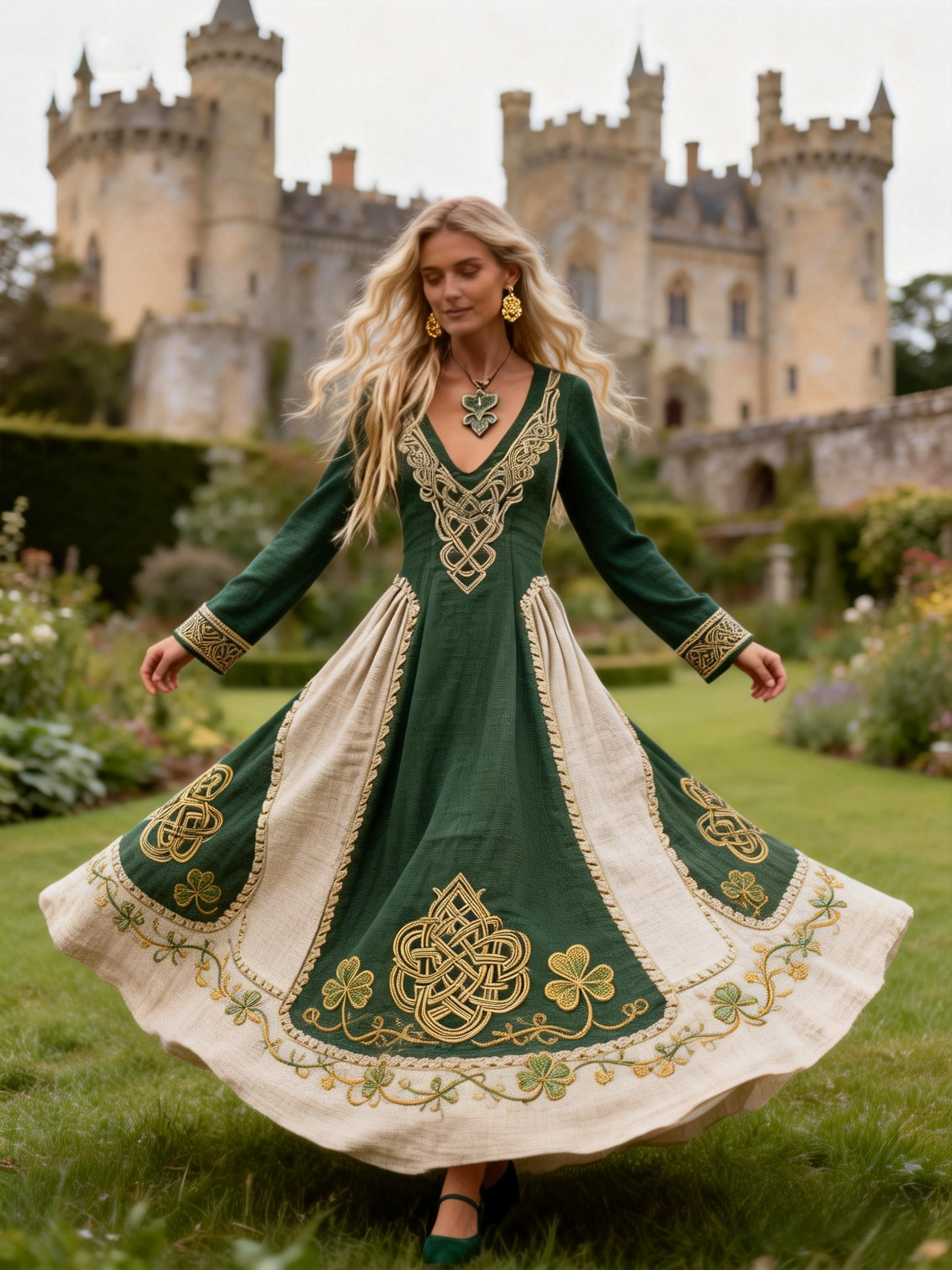 Celtic Knot and Clover Embroidered Long Sleeve Maxi Dress