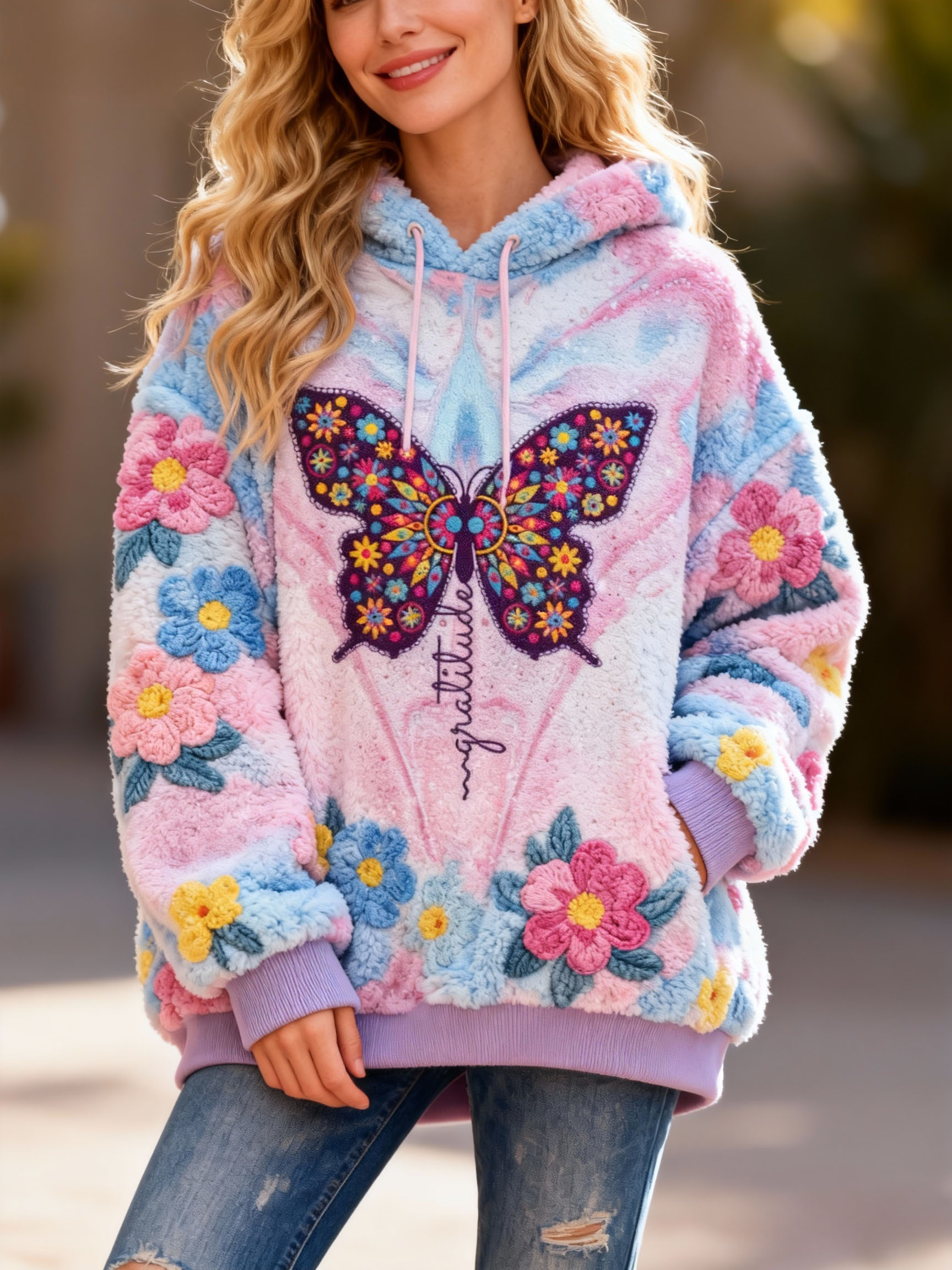 "Gratitude" Lettering Floral Butterfly Embroidery Tie-dye Fleece Hoodie Sweatshirt Flannel Oversized Cozy Soft Pullover
