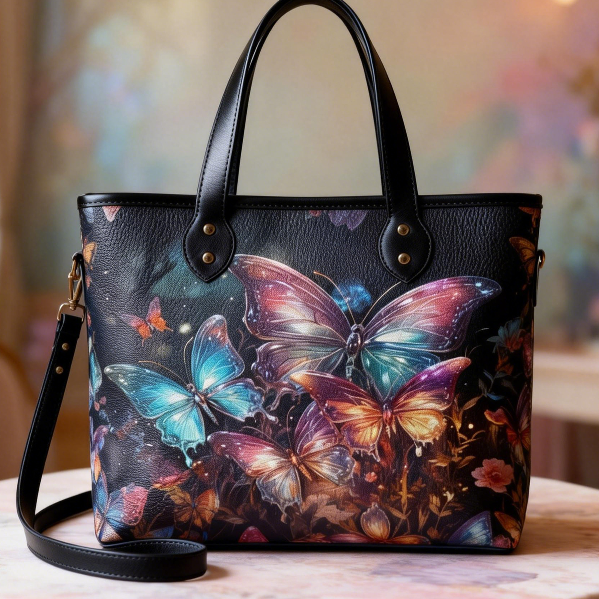 Galaxy Colorful Butterfly Print Vegan Leather Tote Bag Crossbody Handbag with Adjustable Strap