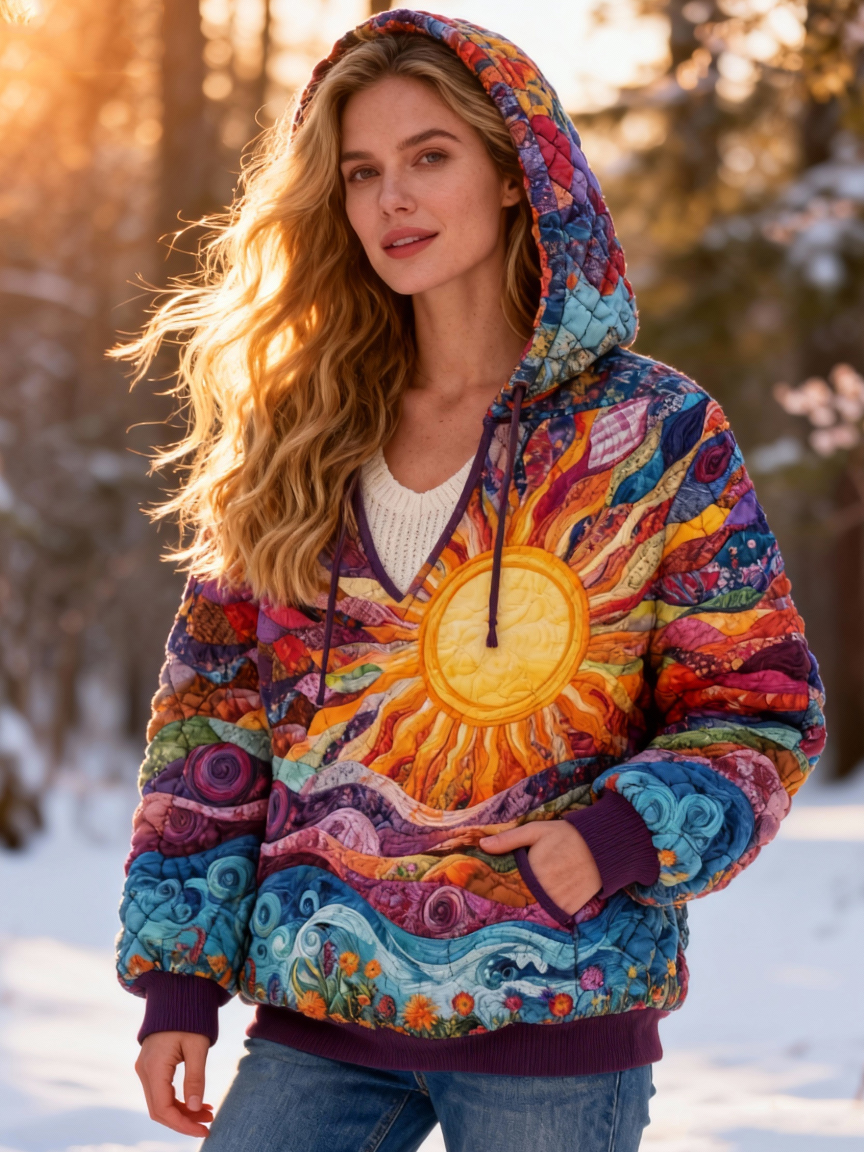 Hippie Colorful Sun & Wave Padded Quilted Hoodie  