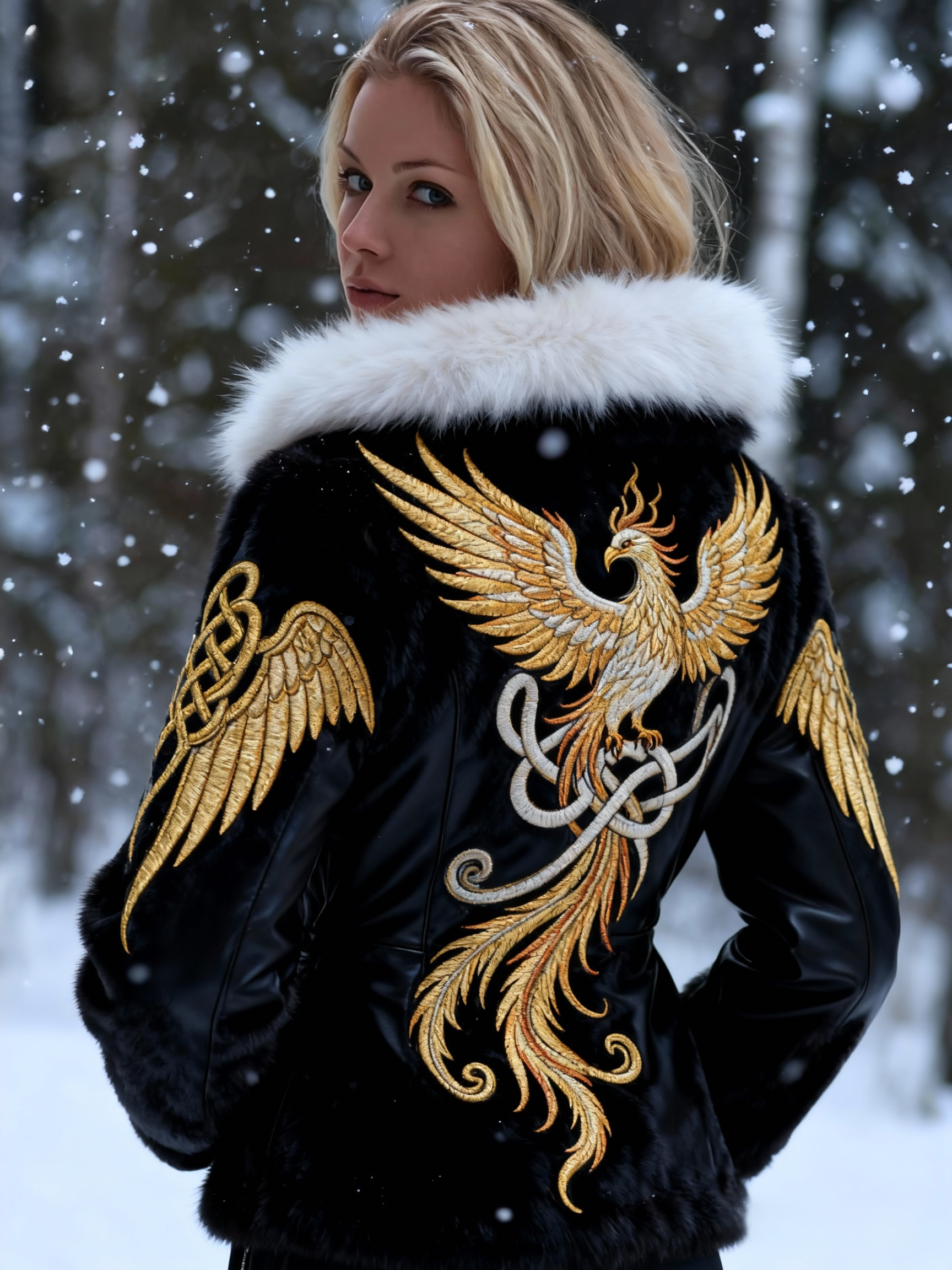 Golden Phoenix Embroidered Viking Knot Leather Jacket 