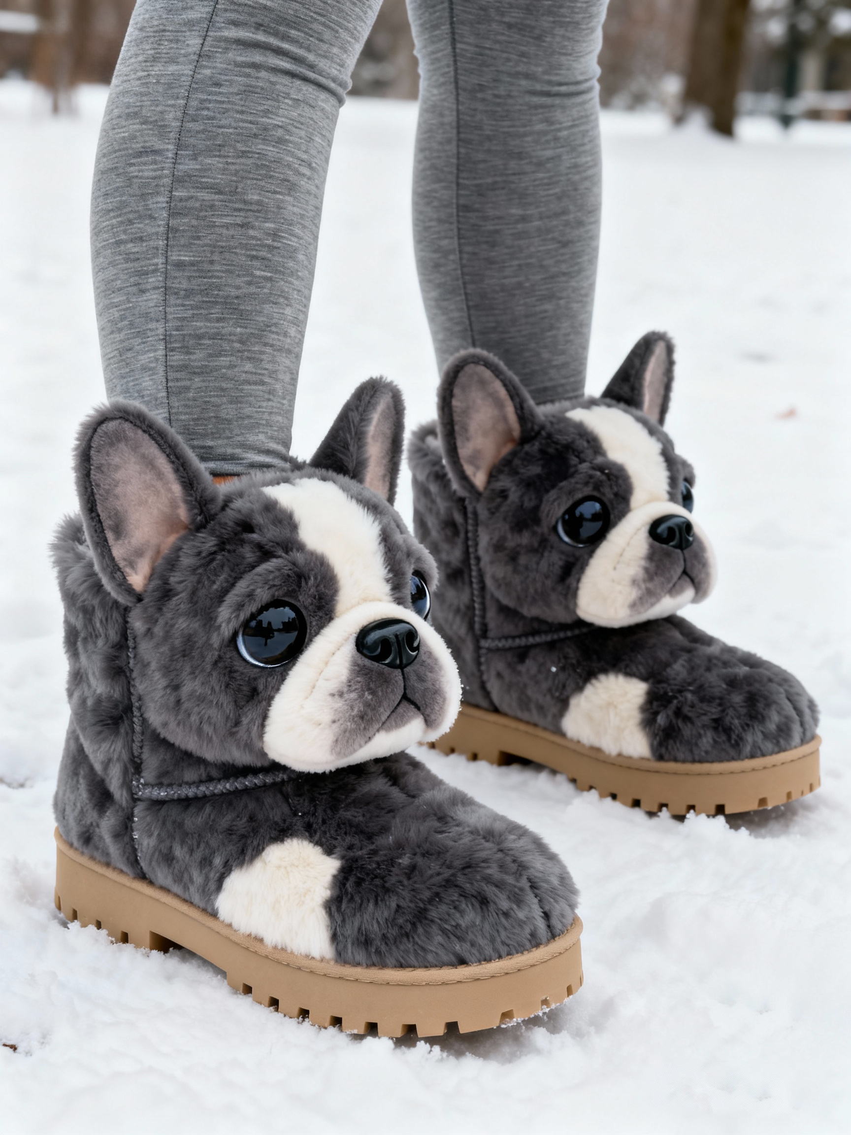 3D Adorable French Bulldog Plush Snow Boots Fleece-Lined Non-slip Thick-soled Boots