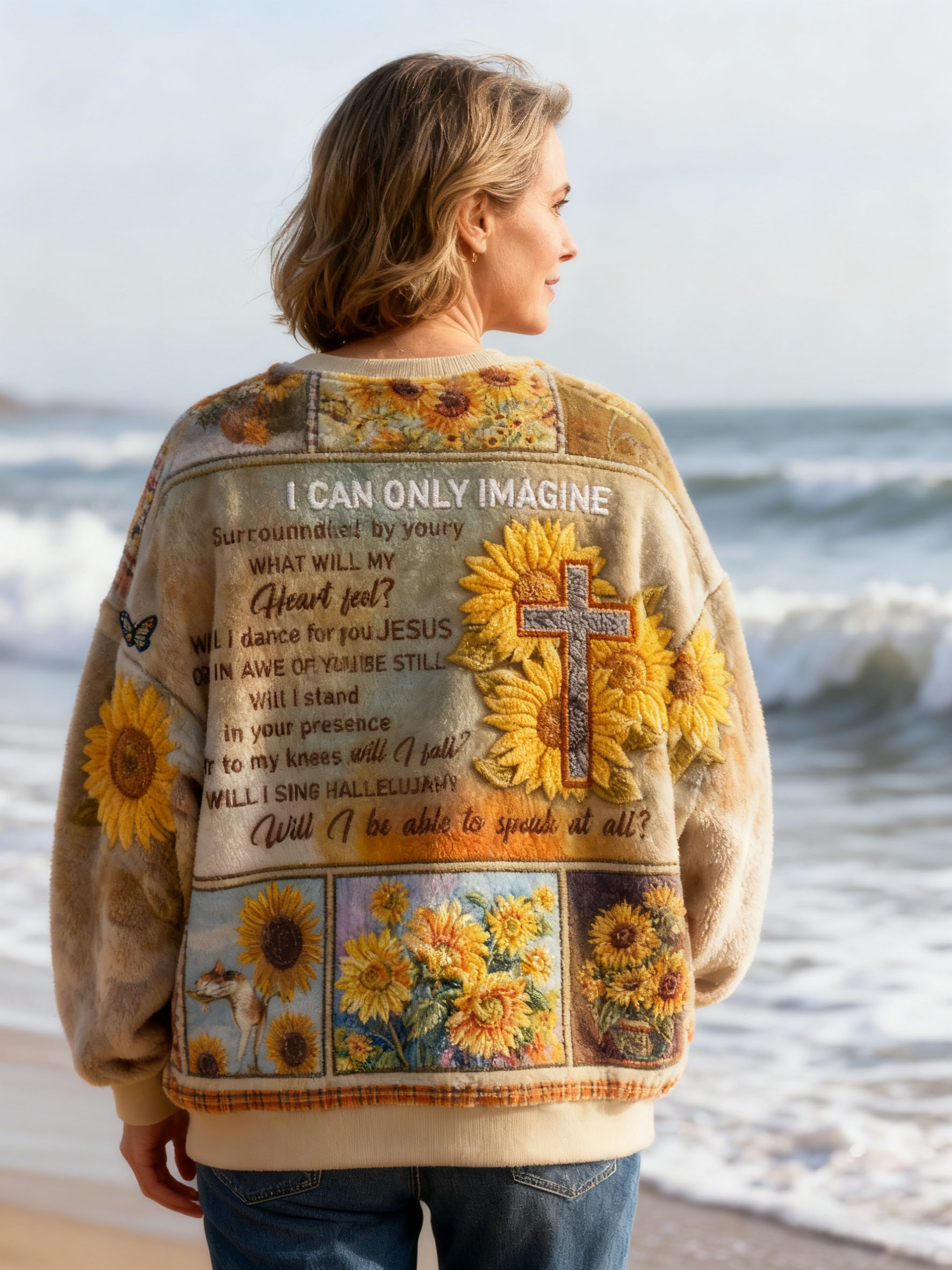 "I Can Only Imagine" Inspirational Christian Flannel Sweatshirt Sunflower & Cross Embroidered Affirmations Mental Health Awareness Pullover