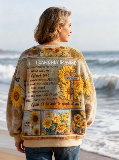 "I Can Only Imagine" Inspirational Christian Flannel Sweatshirt Sunflower & Cross Embroidered Affirmations Mental Health Awareness Pullover