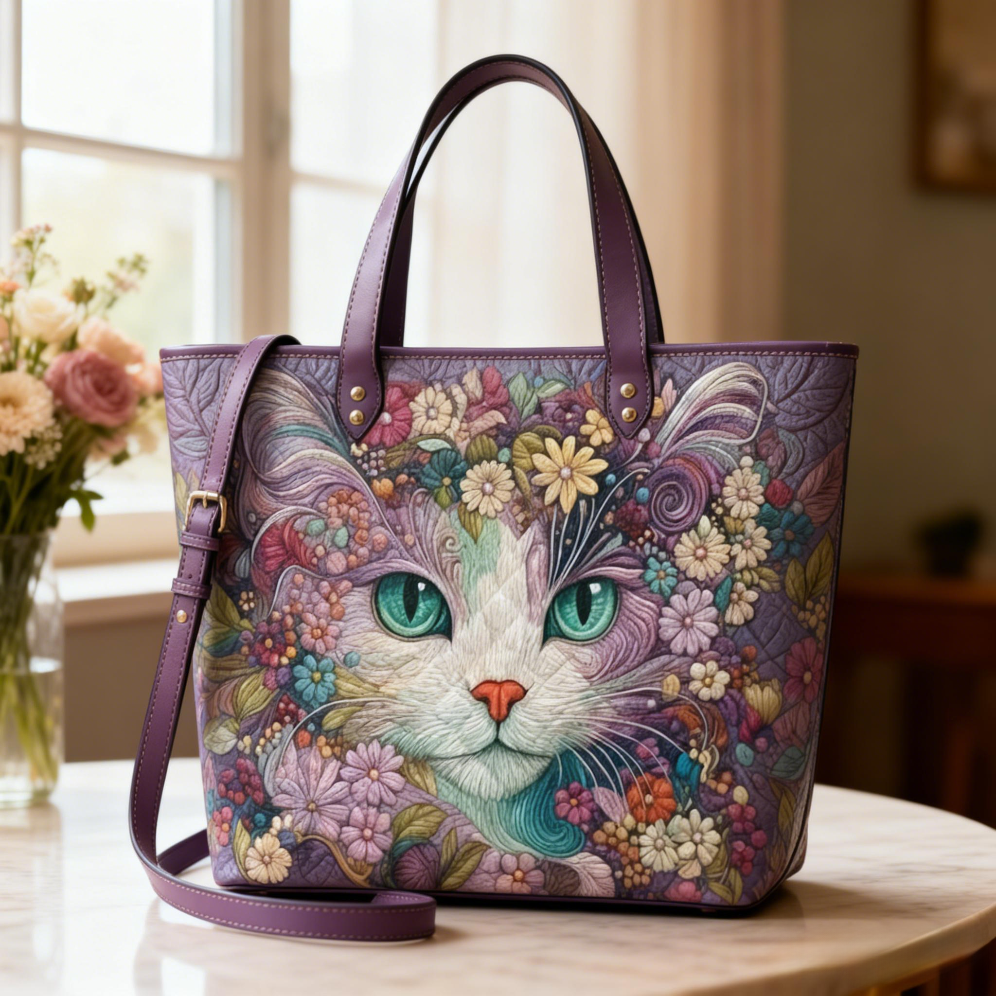 Bohemian Floral Colorful Cat Vegan Leather Tote Bag Crossbody Handbag with Adjustable Strap