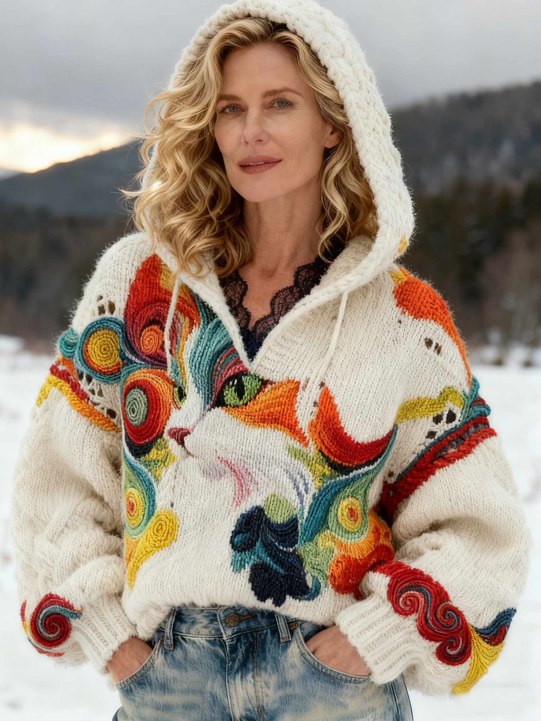 Vintage Crochet Hoodie Sweater Colorful Cat Knit Pullover 