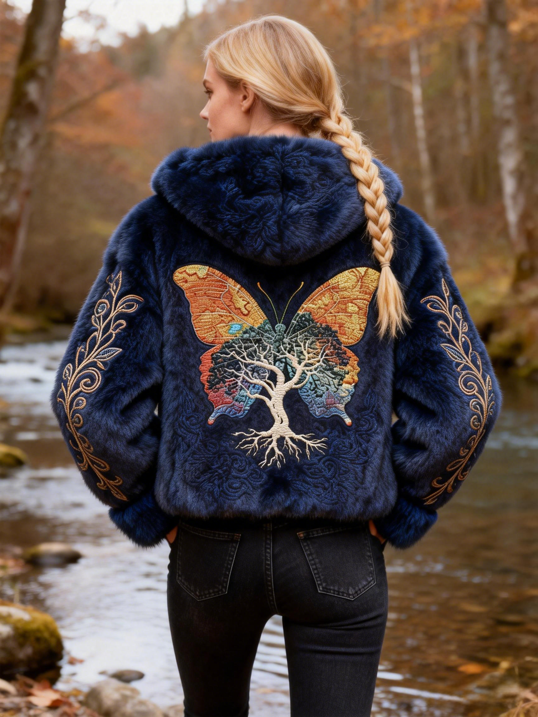 Butterfly & Tree Embroidery Faux Fur Hooded Coat 