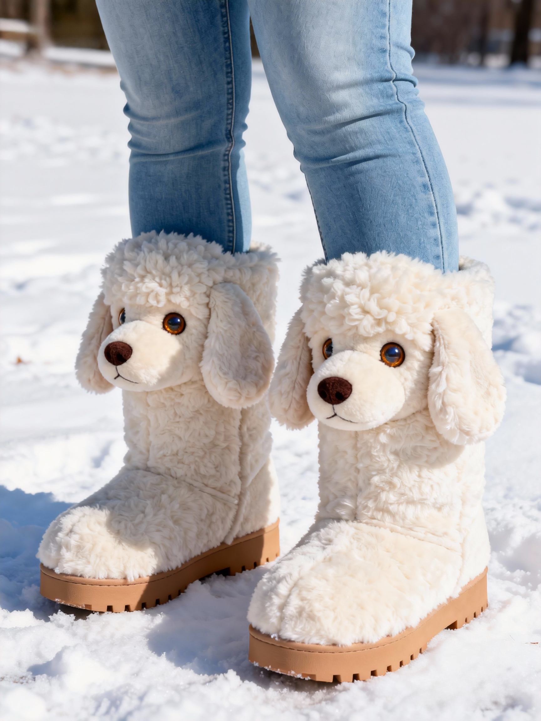 3D Fluffy White Poodle Plush Snow Boots Fleece-Lined Non-slip Thick-soled Boots