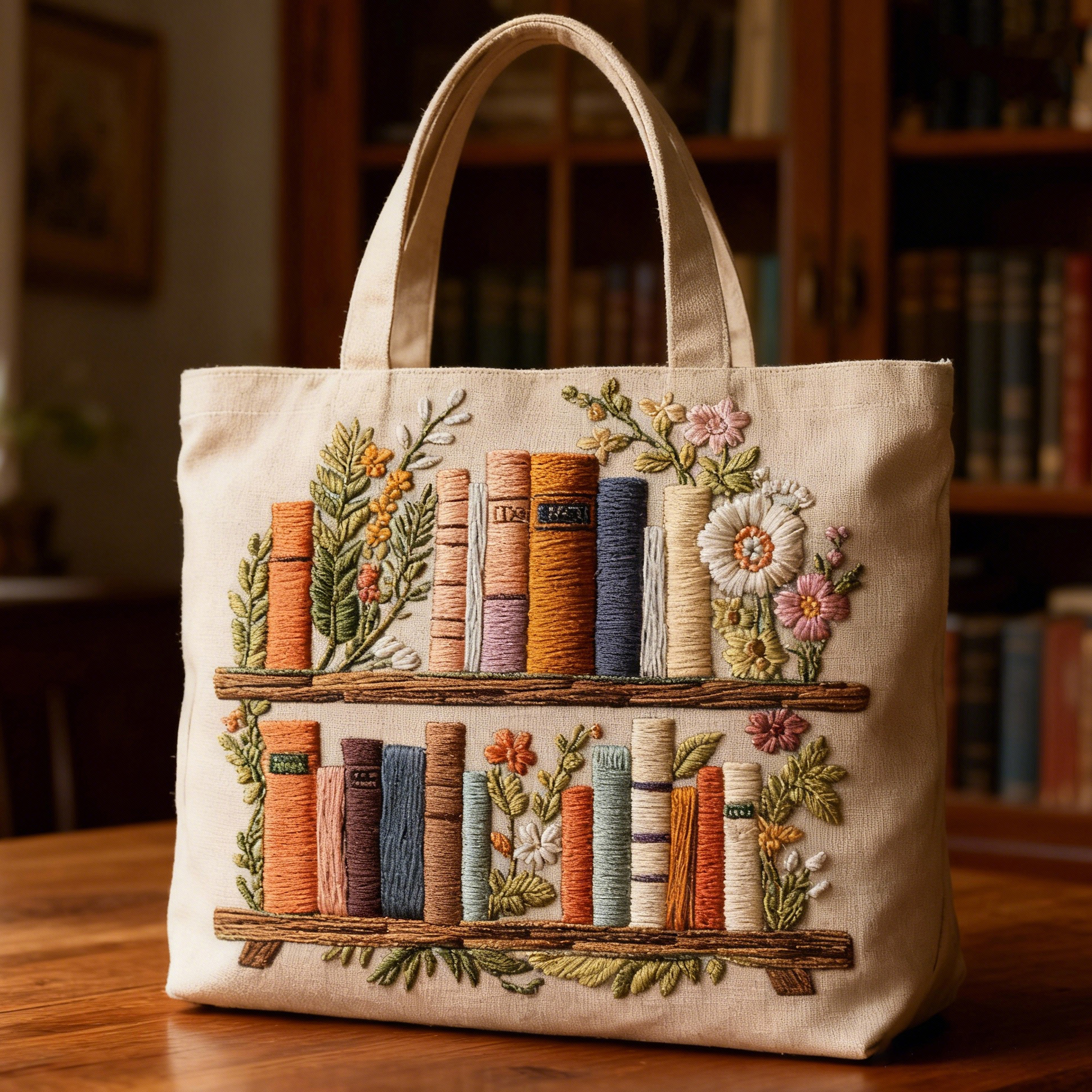 Cozy Vintage Bookcase 3D Embroidery Canvas Tote Bag 