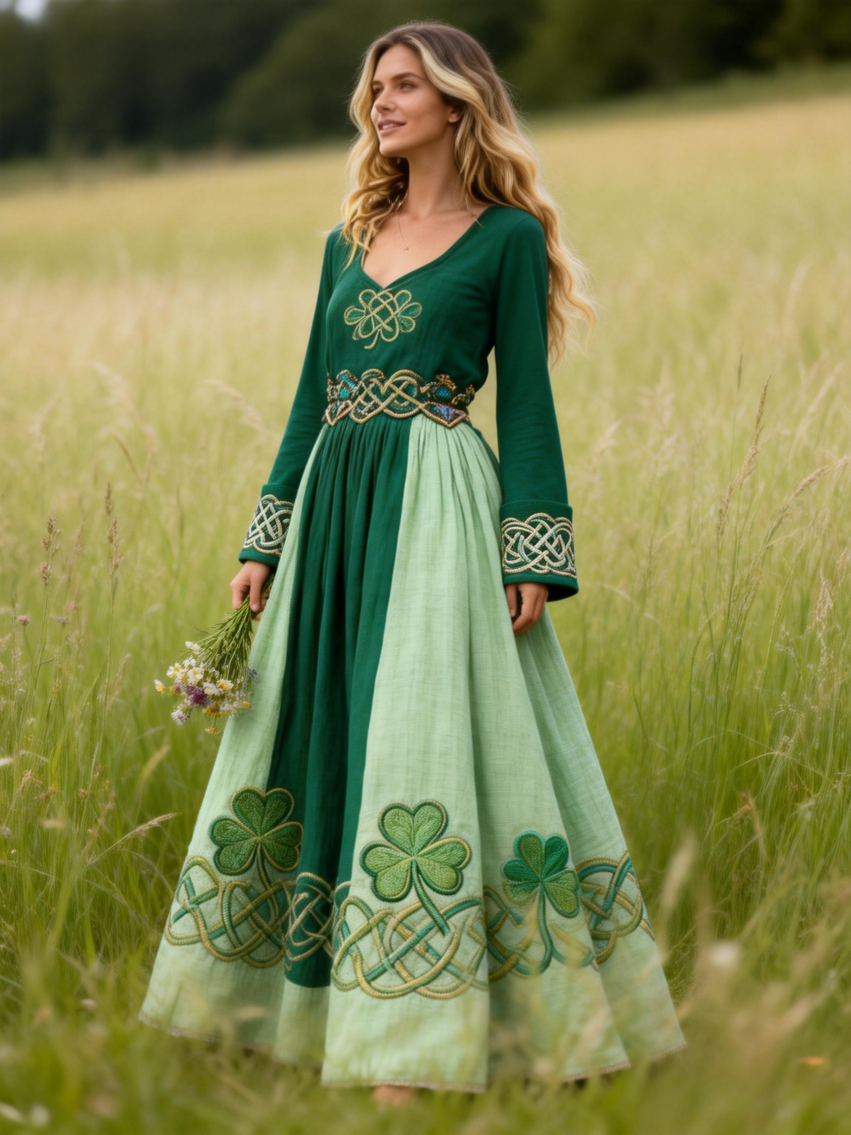 Vintage Celtic Knot Clover Embroidered Long Sleeve Linen Maxi Dress