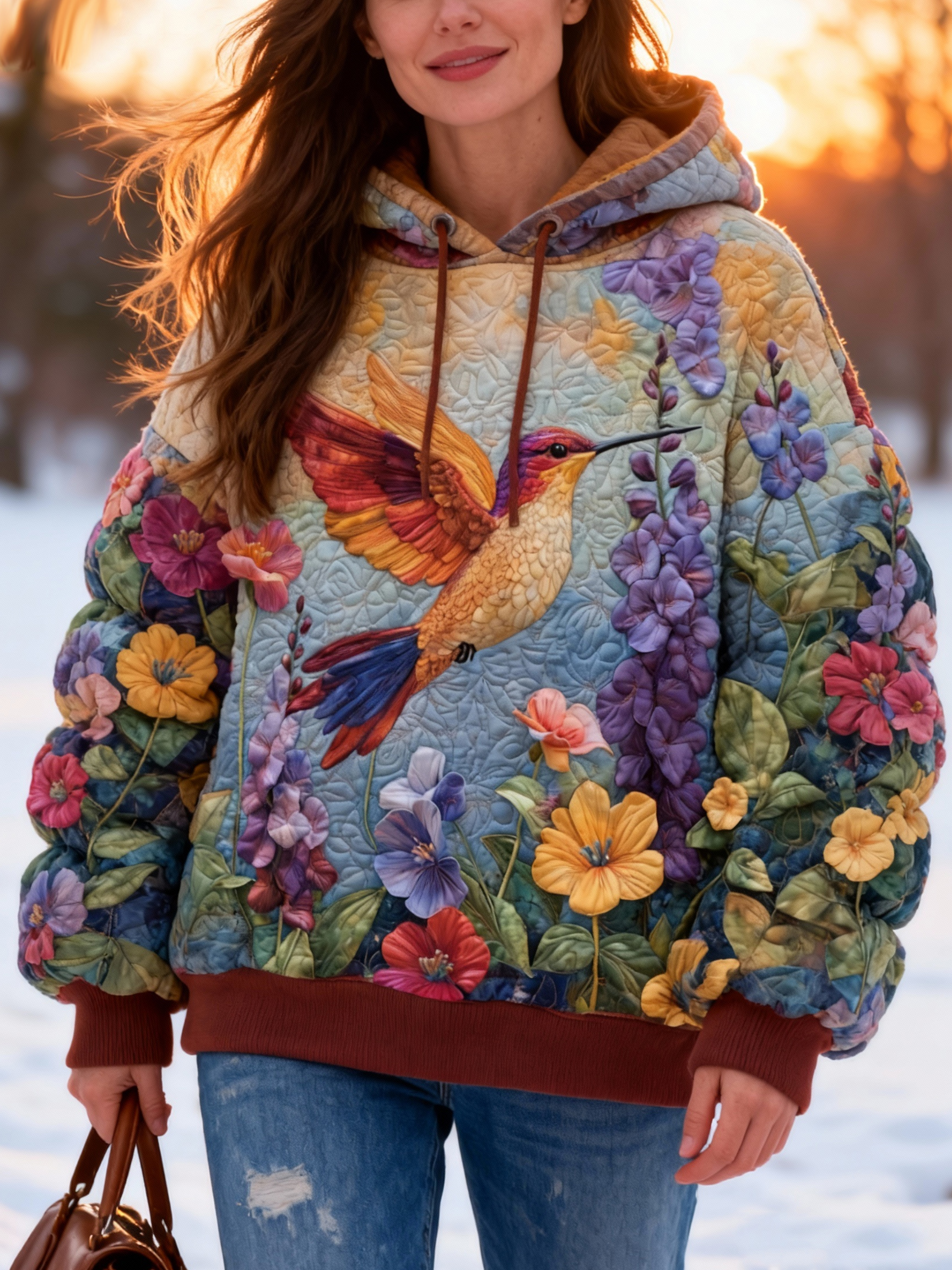 Floral Hummingbird Vibrant Garden Oversized Quilted Hoodie  