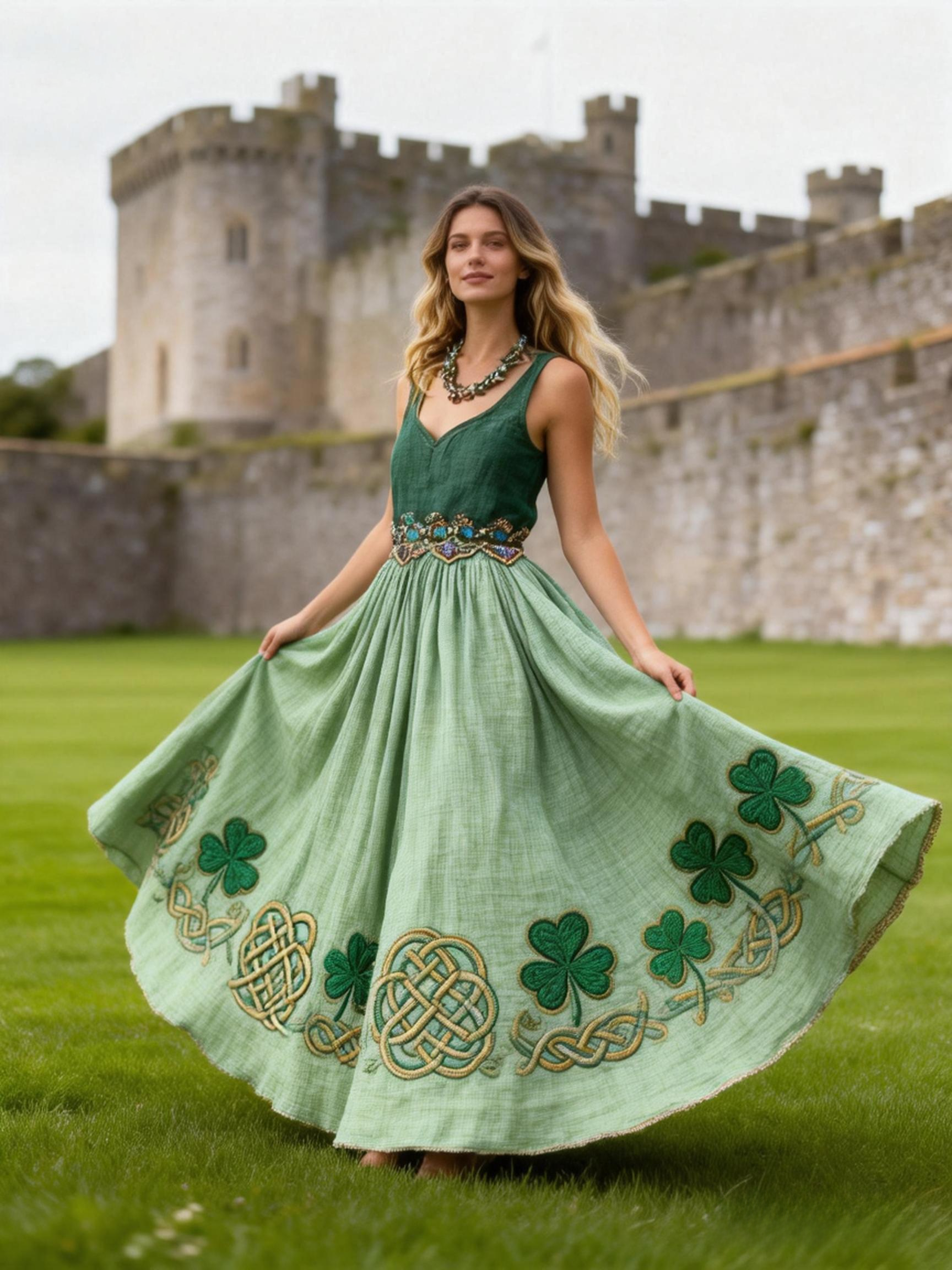 Vintage Celtic Knot Clover Embroidered Sleeveless Linen Maxi Dress