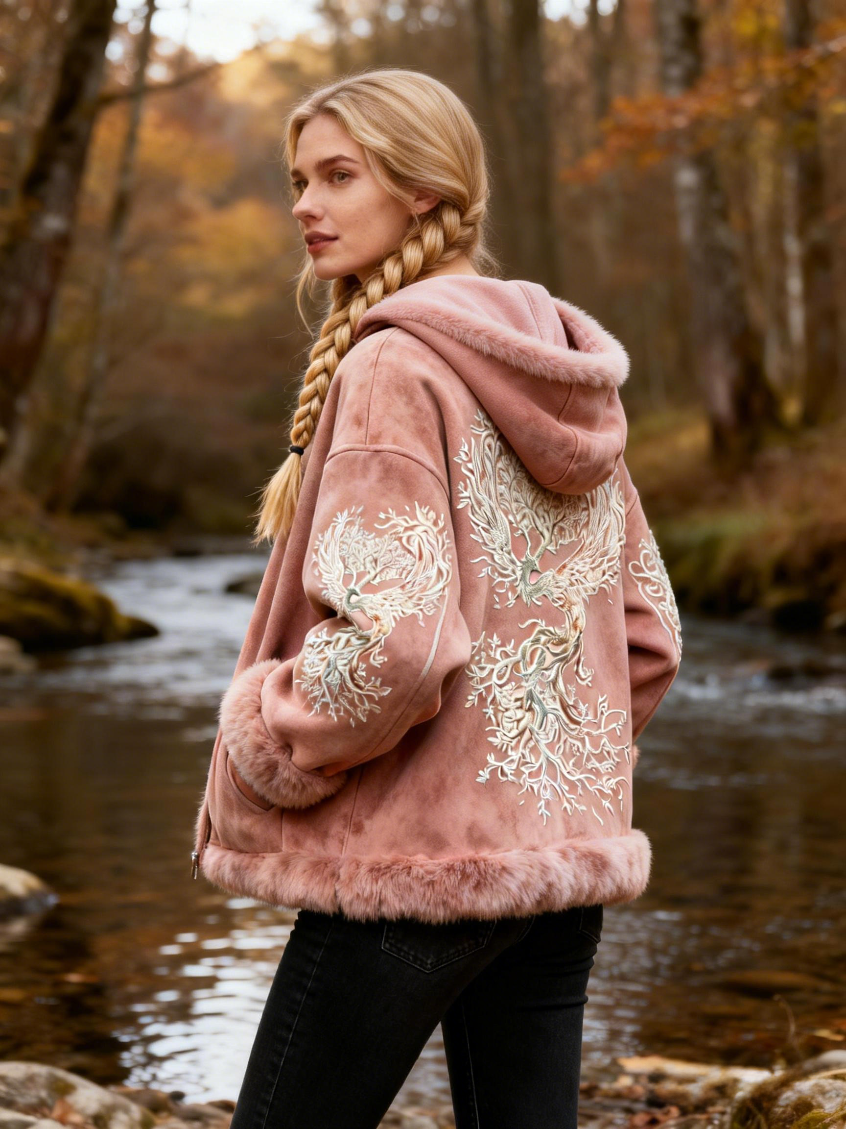 Phoenix & Tree Embroidery Pastel Pink Suede Hooded Jacket 
