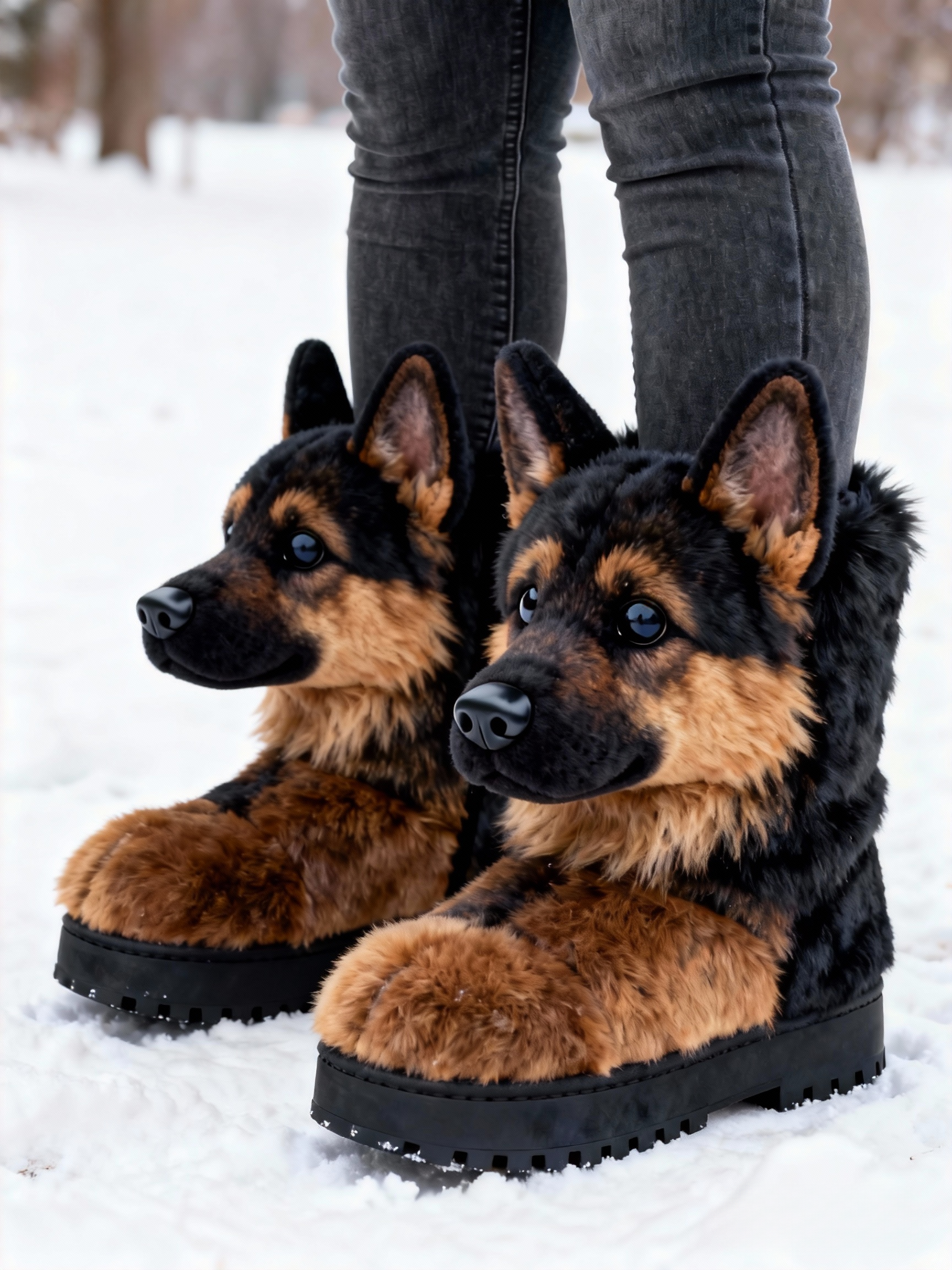 3D Cute German Shepherd Plush Snow Boots Fleece-Lined Non-slip Thick-soled Boots