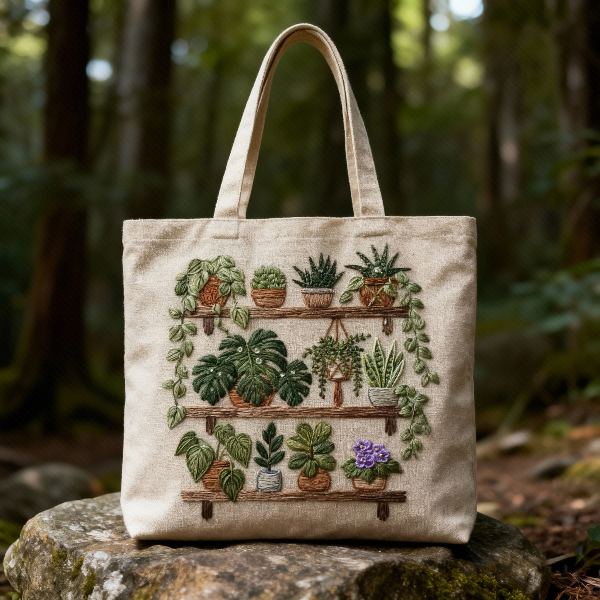 Houseplant Shelf 3D Embroidery Canvas Tote Bag 