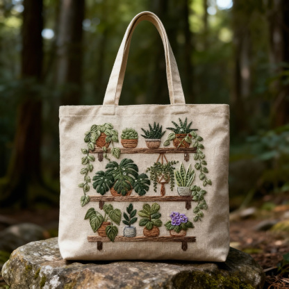 Houseplant Shelf 3D Embroidery Canvas Tote Bag 
