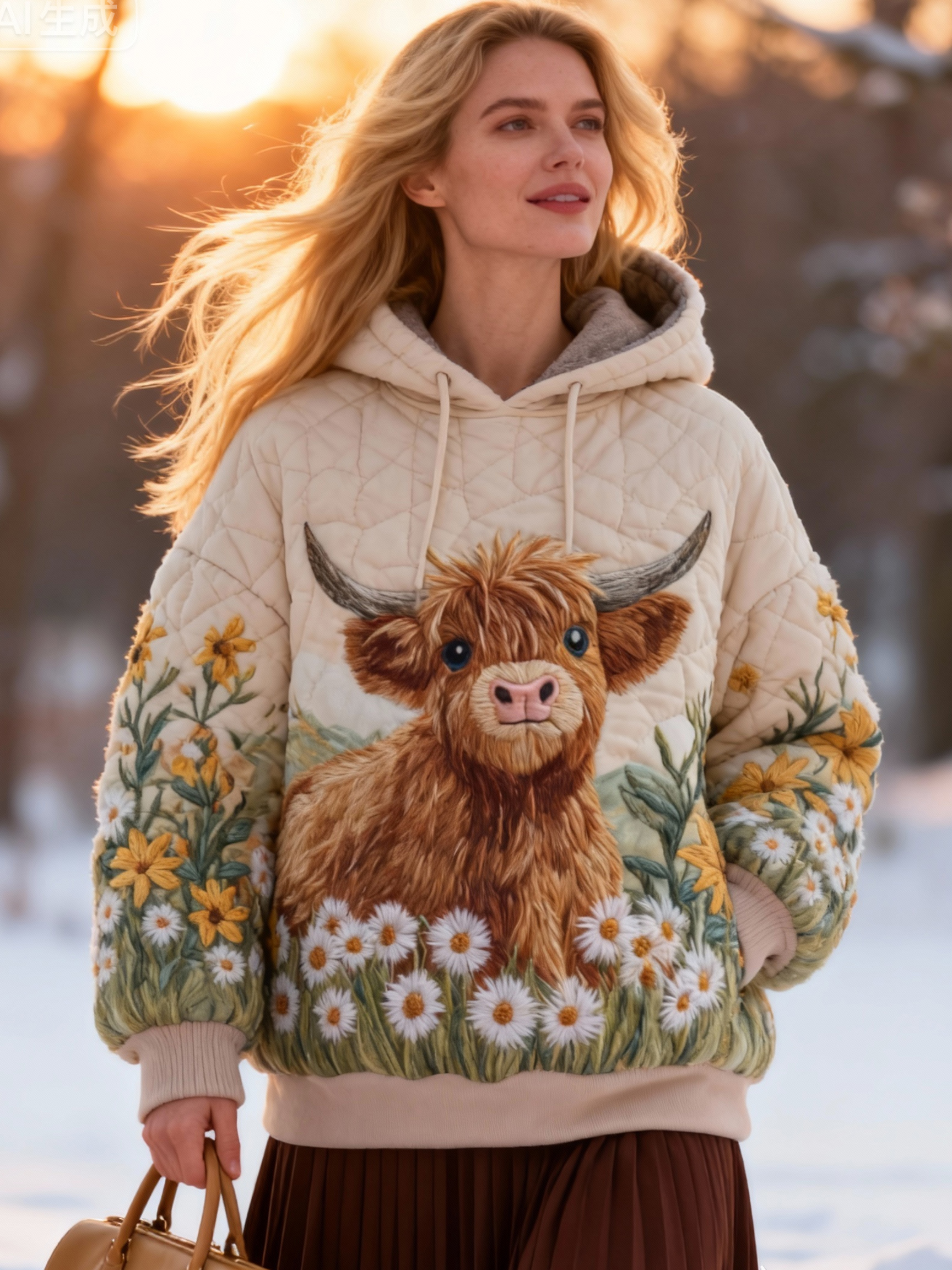 Cute Highland Cow Daisy Pattern Sherpa-Lined Quilted Hoodie  