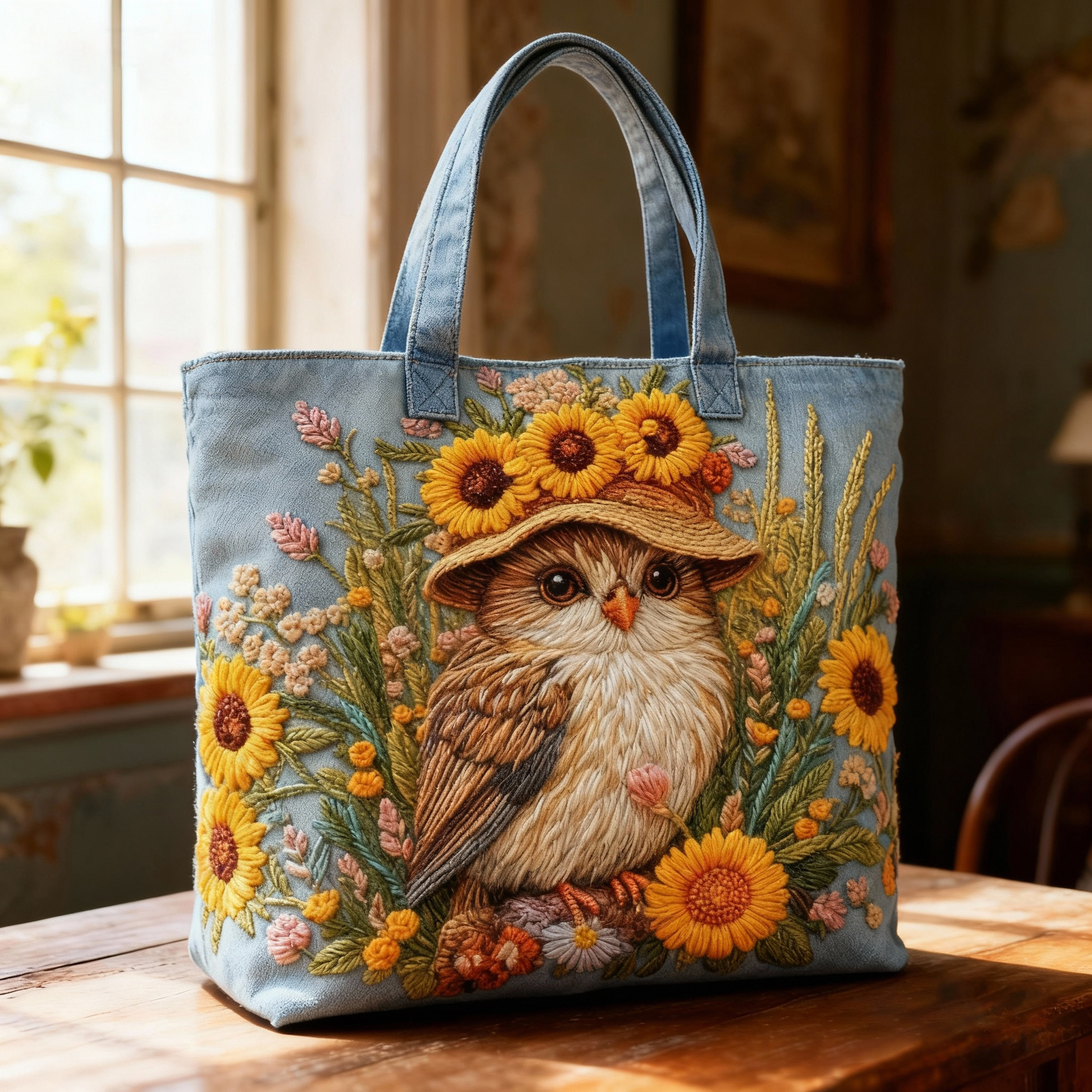 Cute Owl & Sunflower 3D Embroidery Denim Tote Bag 