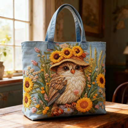 Cute Owl & Sunflower 3D Embroidery Denim Tote Bag 