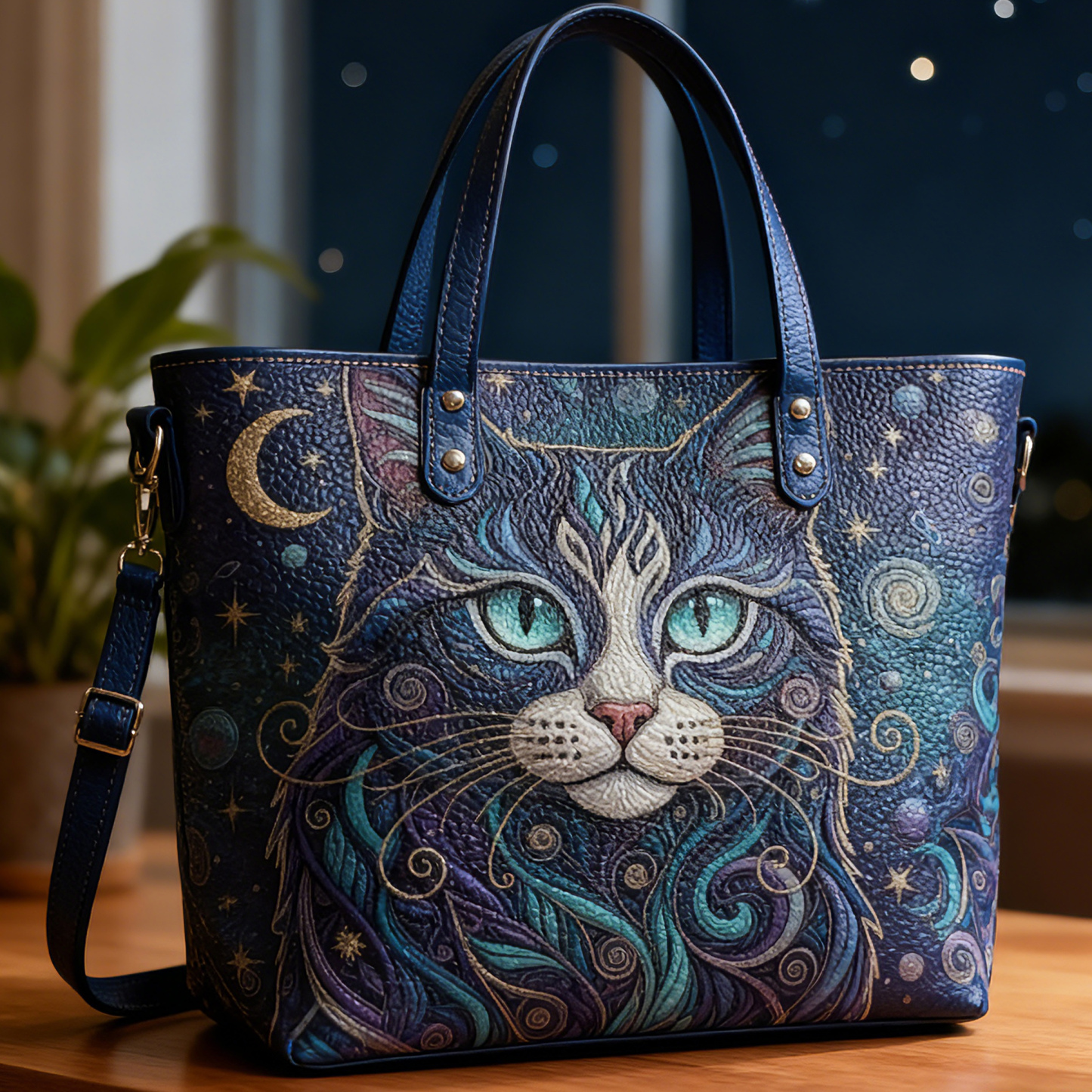 Starry Night Cat Print Vegan Leather Tote Bag Magical Galaxy Crossbody Handbag with Adjustable Strap