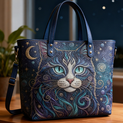 Starry Night Cat Print Vegan Leather Tote Bag Magical Galaxy Crossbody Handbag with Adjustable Strap