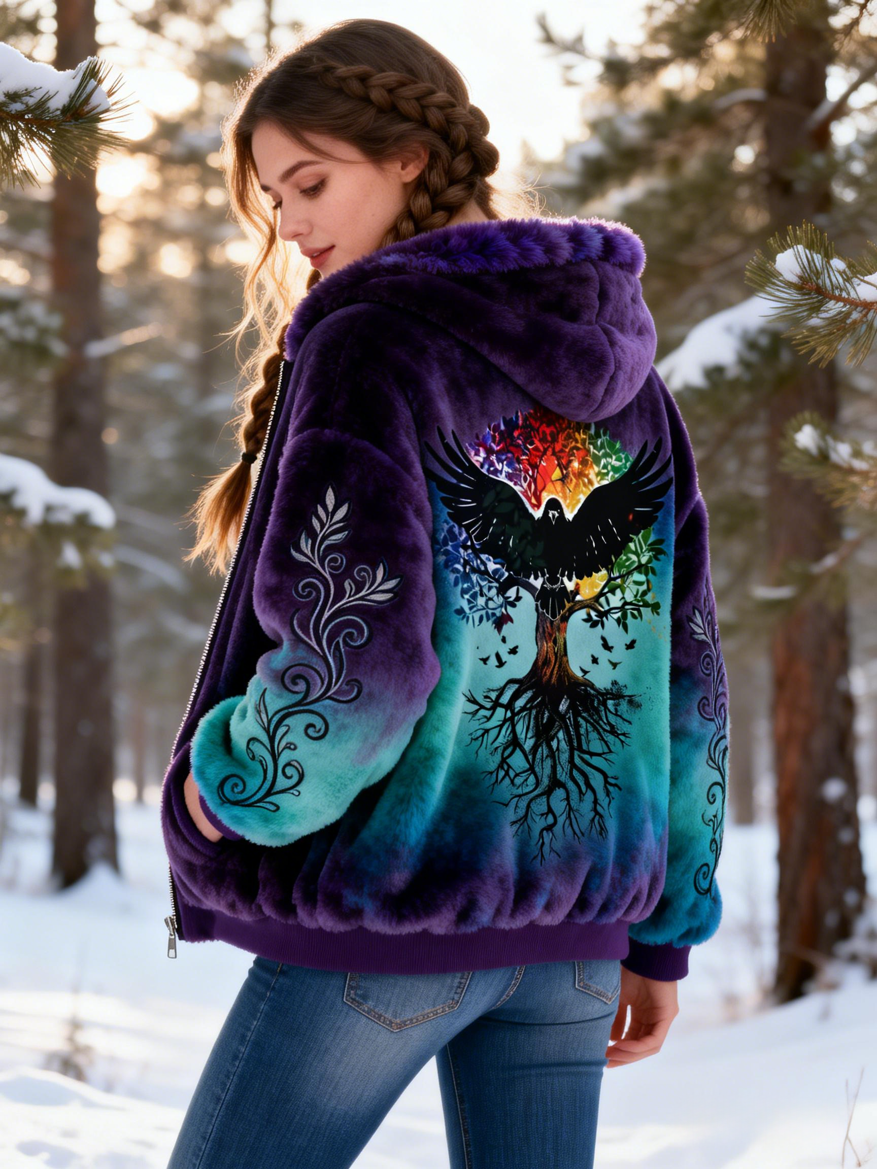  Raven & Rainbow Tree Print Embroidery Gradient Faux Fur Hooded Coat 