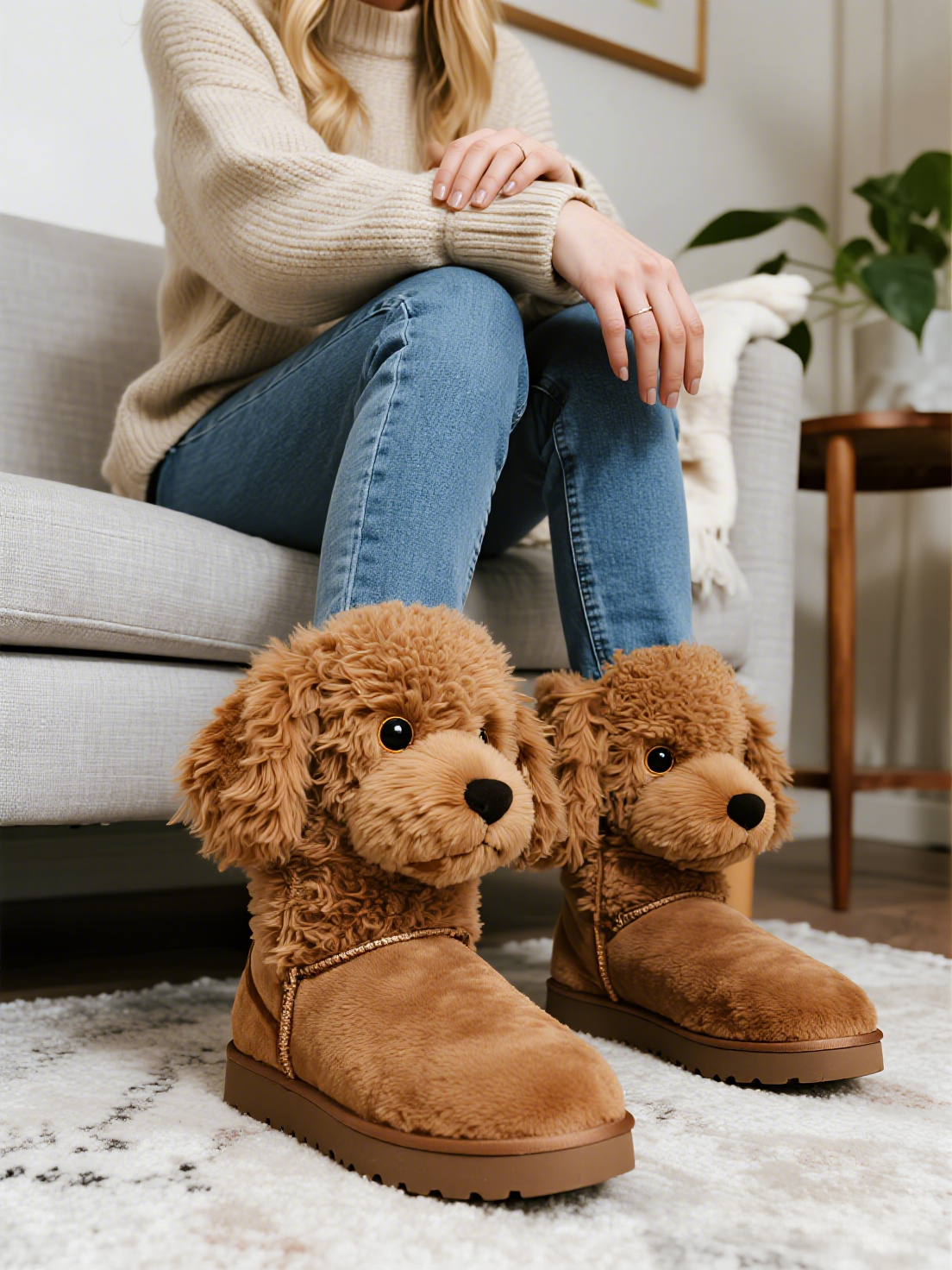 3D Cozy Brown Poodle Plush Snow Boots Fleece-Lined Non-slip Thick-soled Boots