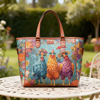 Playful Colorful Sunglasses Chickens Print Vegan Leather Tote Bag Rustic Chic Crossbody Handbag with Adjustable Strap