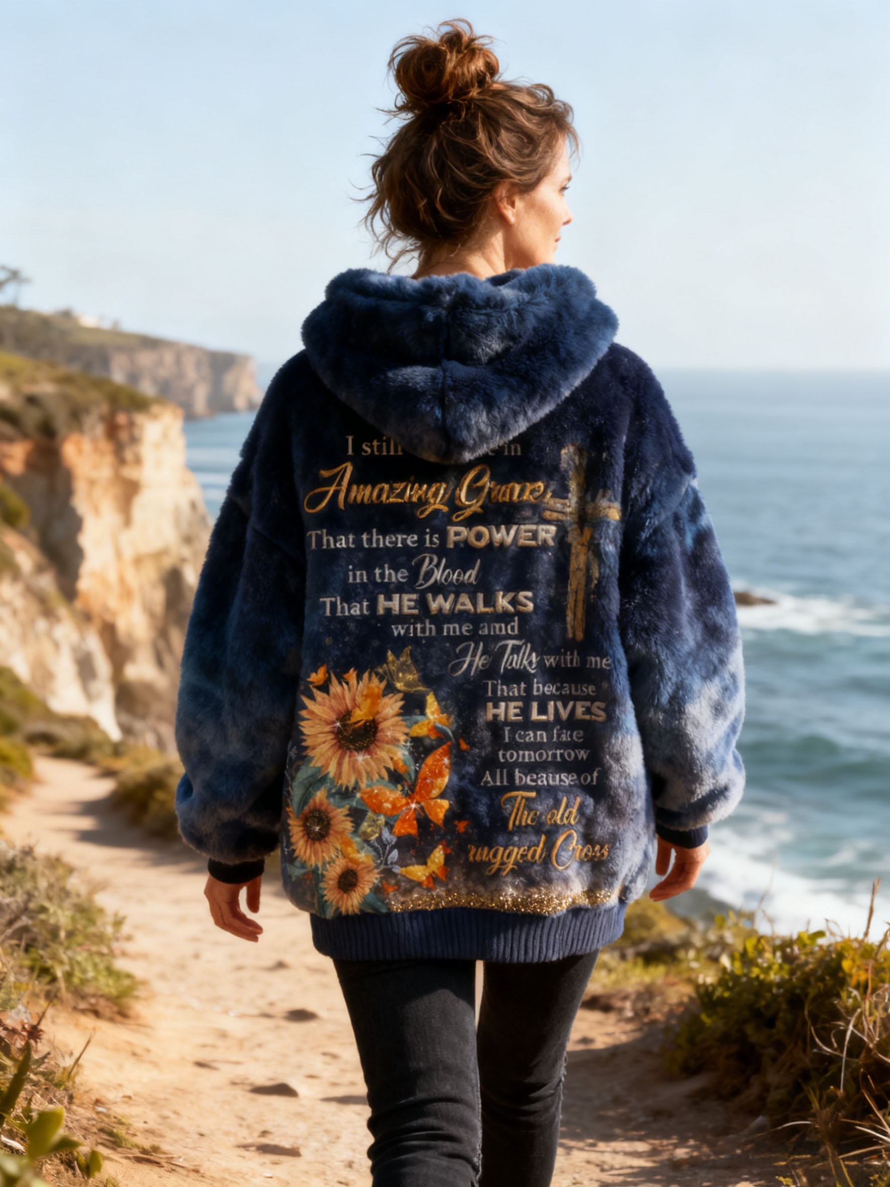"Amazing Grace" Christian Inspirational Tie-Dye Hoodie with Sunflower & Cross Embroidery Fleece Flannel Soft Oversized Pullover
