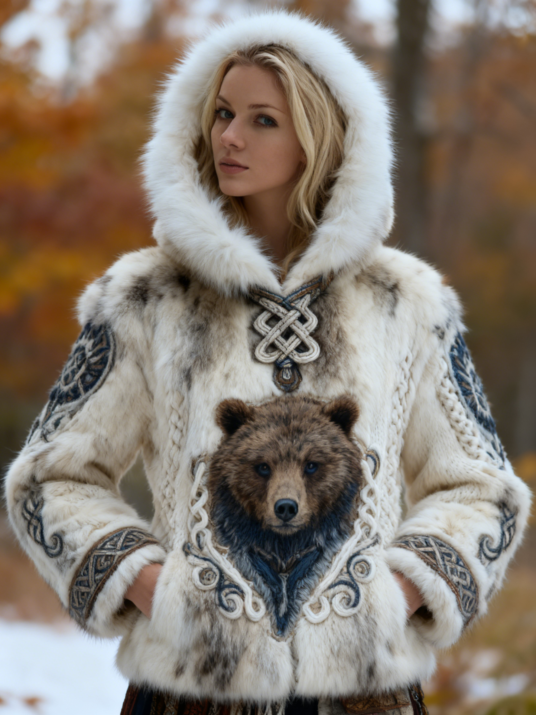 Brown Bear Motif & Viking Knot Faux Fur Hoodie 