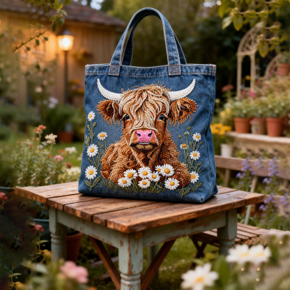 Highland Cow & Daisy 3D Embroidery Denim Tote Bag 