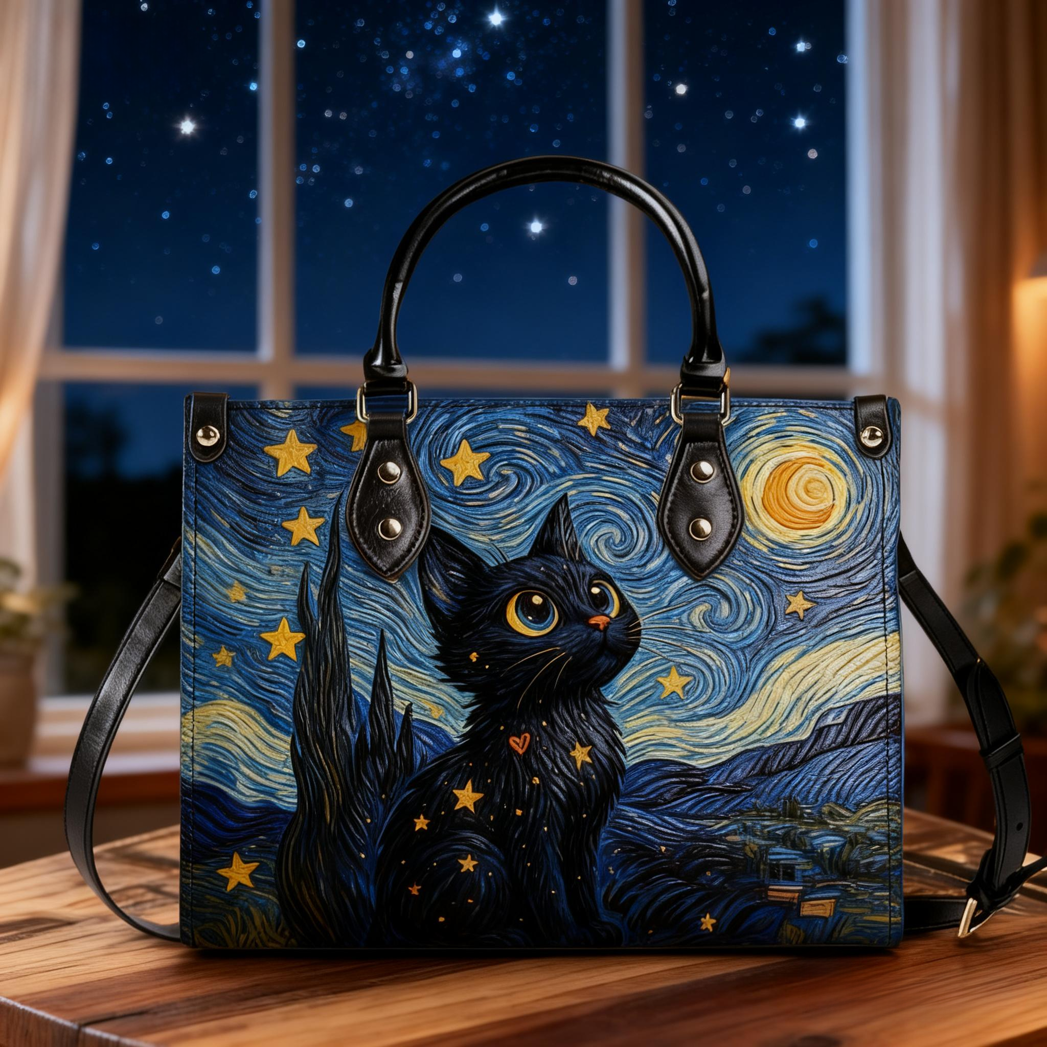 Van Gogh Starry Night Inspired Black Cat Print Vegan Leather Tote Bag Crossbody Handbag with Adjustable Strap
