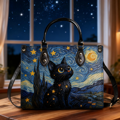 Van Gogh Starry Night Inspired Black Cat Print Vegan Leather Tote Bag Crossbody Handbag with Adjustable Strap