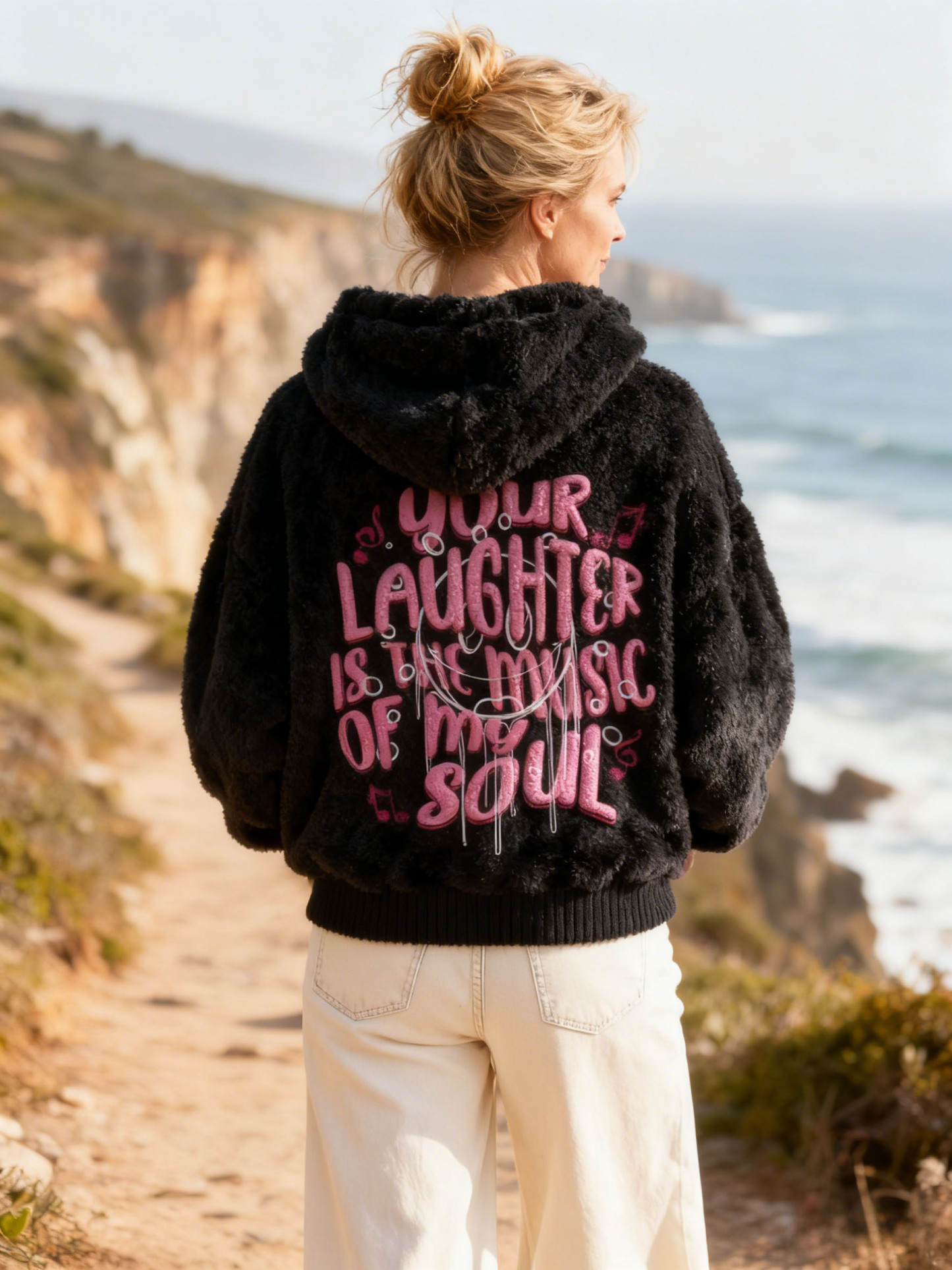  "Your Laughter Is The Music Of My Soul" Embroidery Black Fleece Hoodie Oversized Cozy Soft Pullover