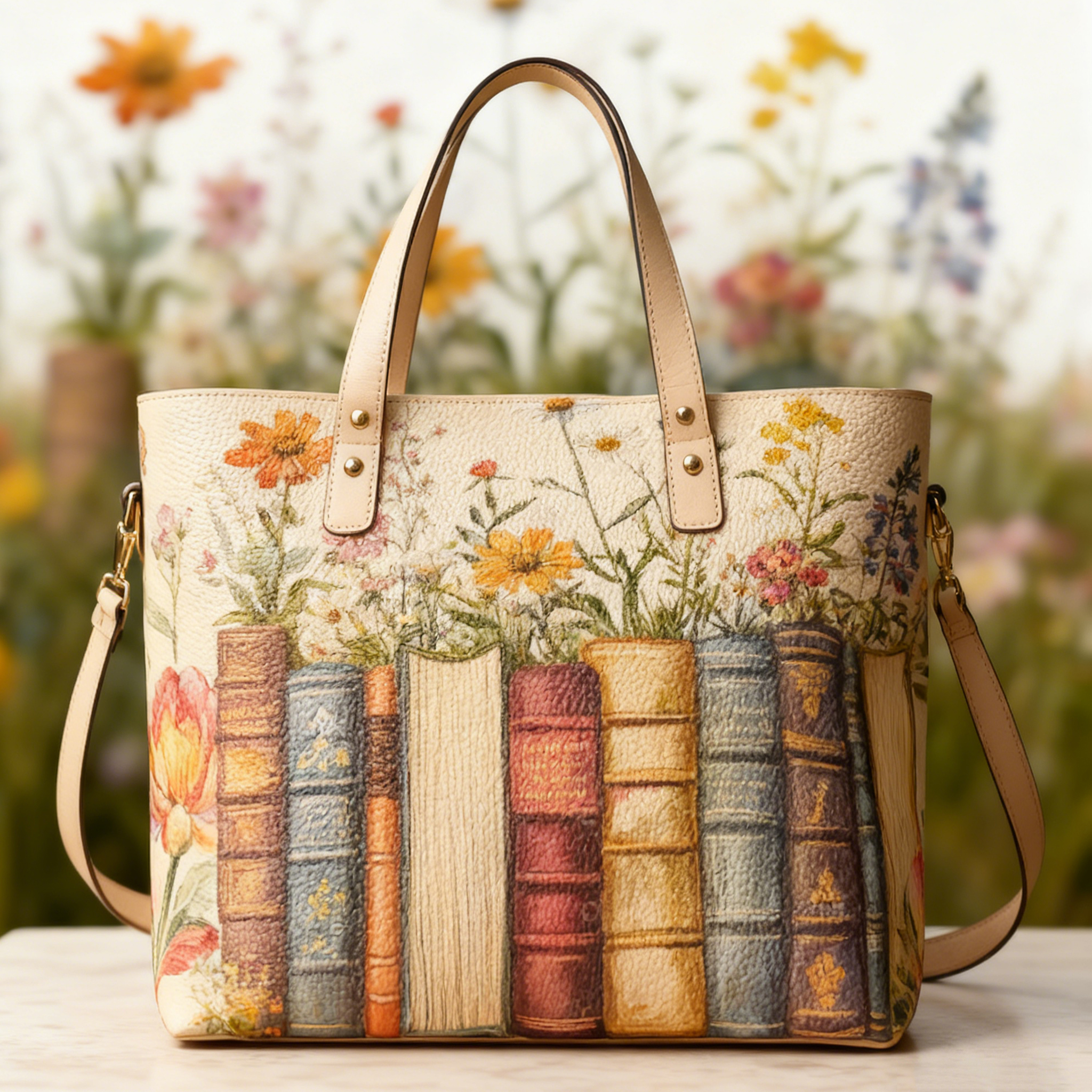 Wildflowers & Vintage Books Print Vegan Leather Tote Bag Rustic Chic Crossbody Handbag with Adjustable Strap