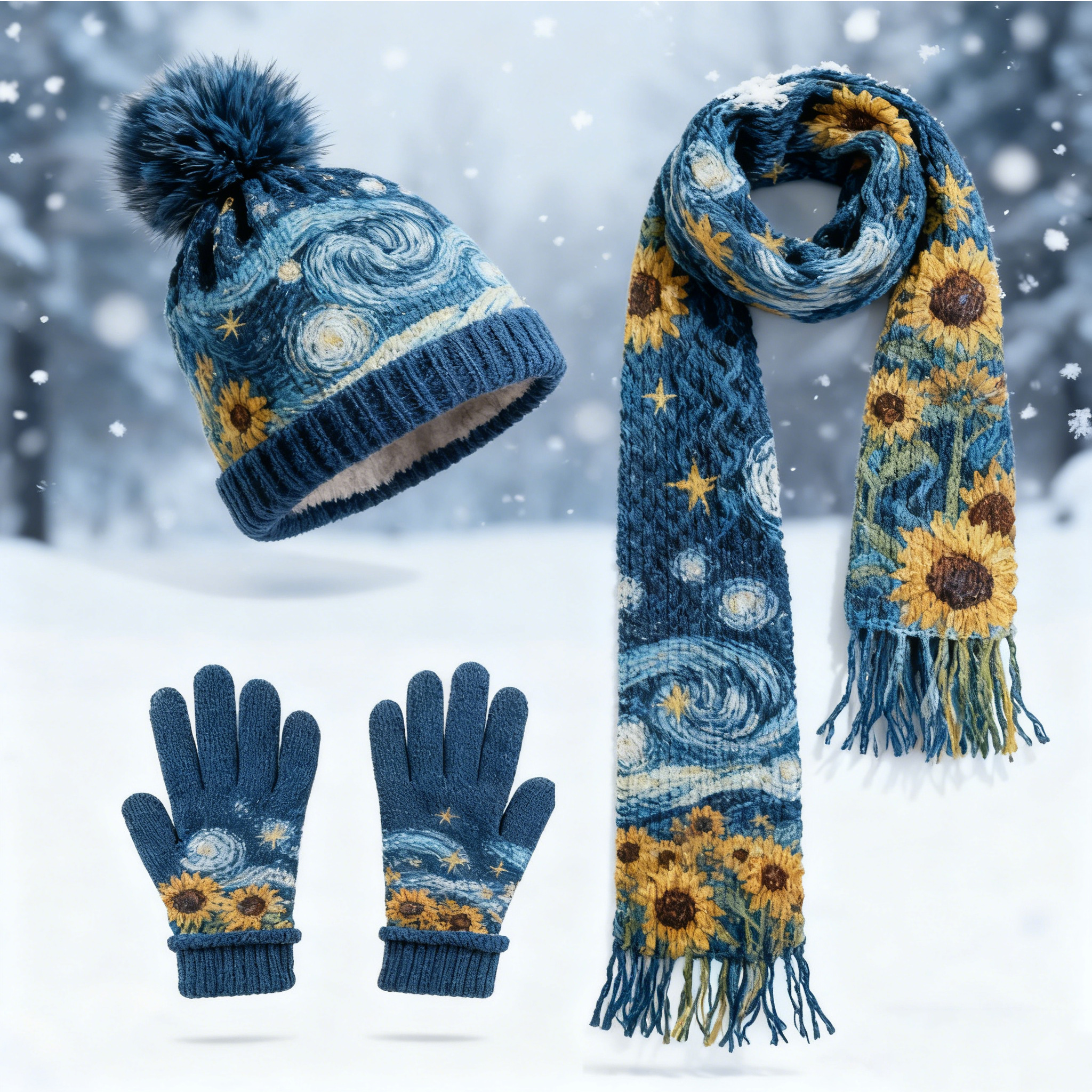 Womens Vangogh Sunflower 3PC Knit Hat Long Scarf and Touchscreen Gloves Set Fleece Lined Pom Pom Beanie Winter Gift 