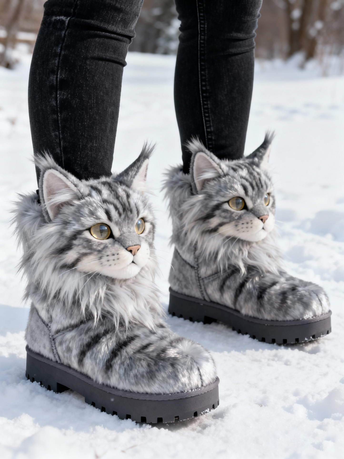 3D Majestic Maine Coon Cat Plush Snow Boots Fleece-Lined Non-slip Thick-soled Boots