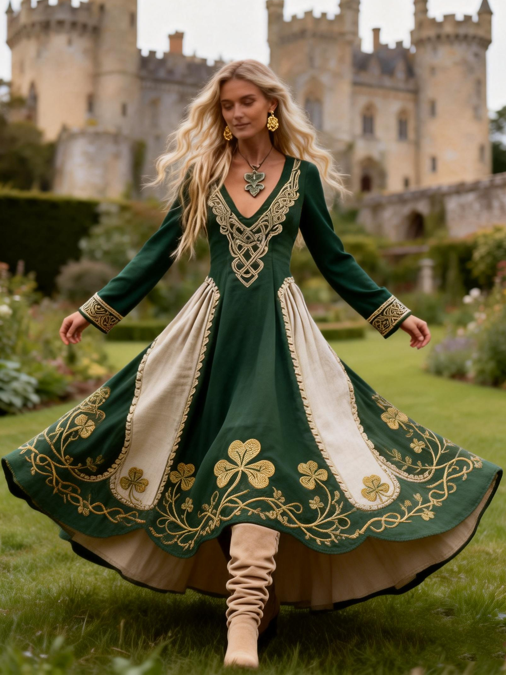 Celtic Knot Clover Embroidered V-Neck Long Sleeve Maxi Dress