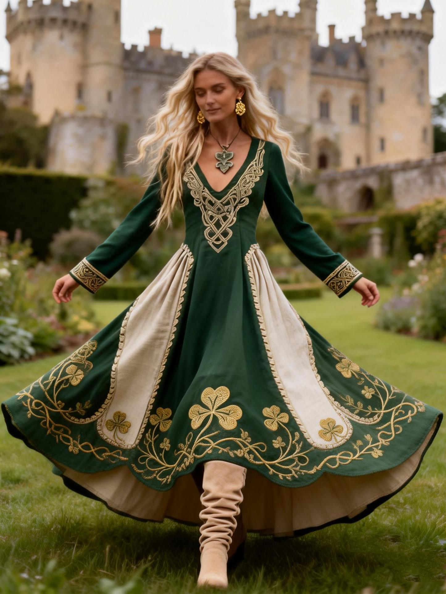 Celtic Knot Clover Embroidered V-Neck Long Sleeve Maxi Dress