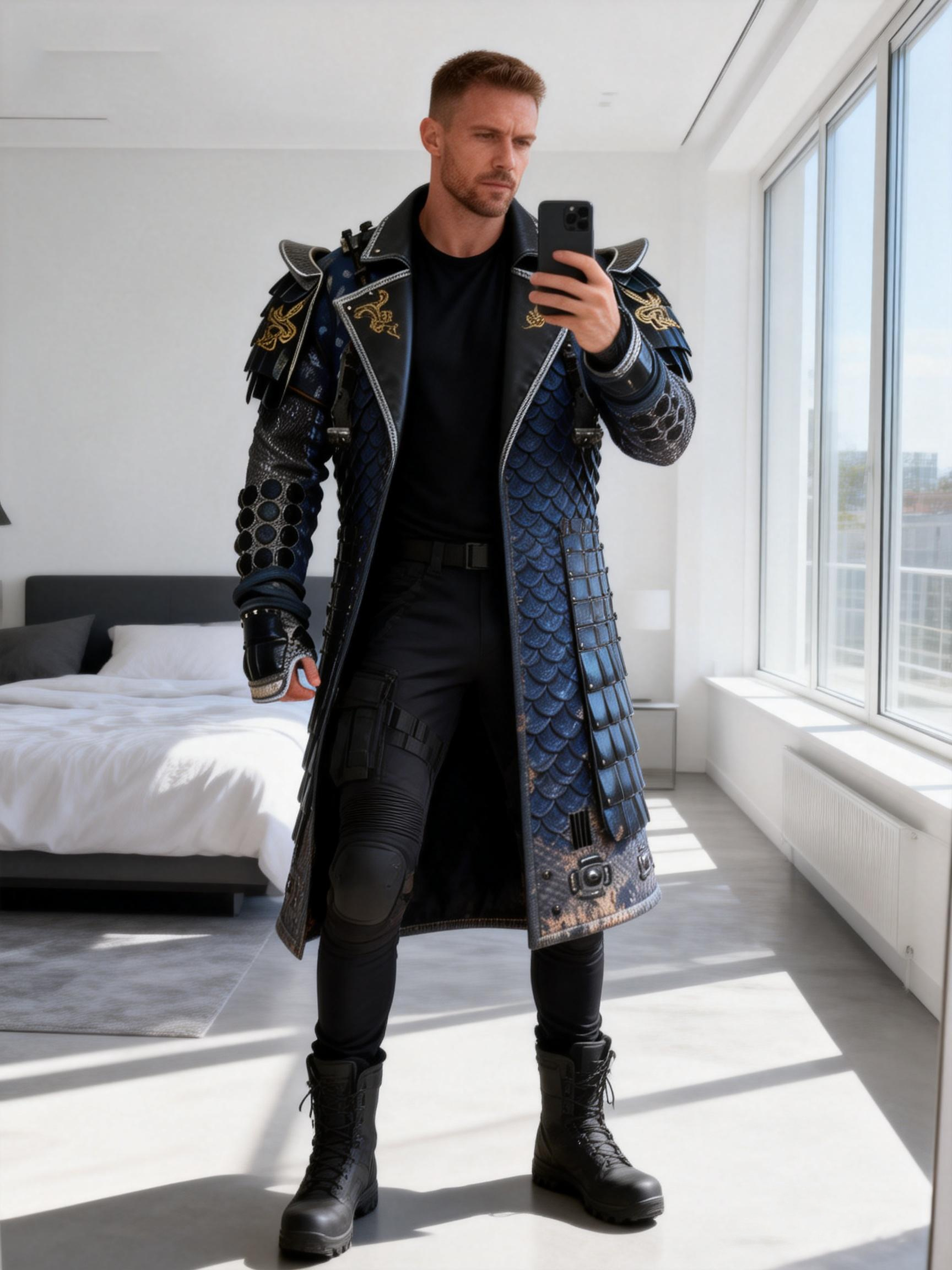 Men's Navy Blue Cyber Samurai Trench Coat Dragon Embroidery Gothic Overcoat