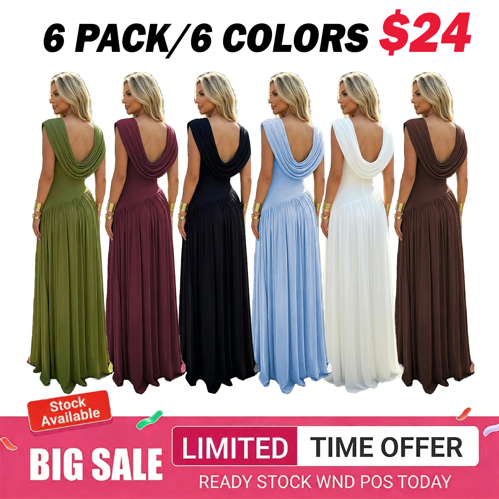 Women's Sleeveless Convertible Cowl Neck Ruched Waist Slim Fit Maxi Dress