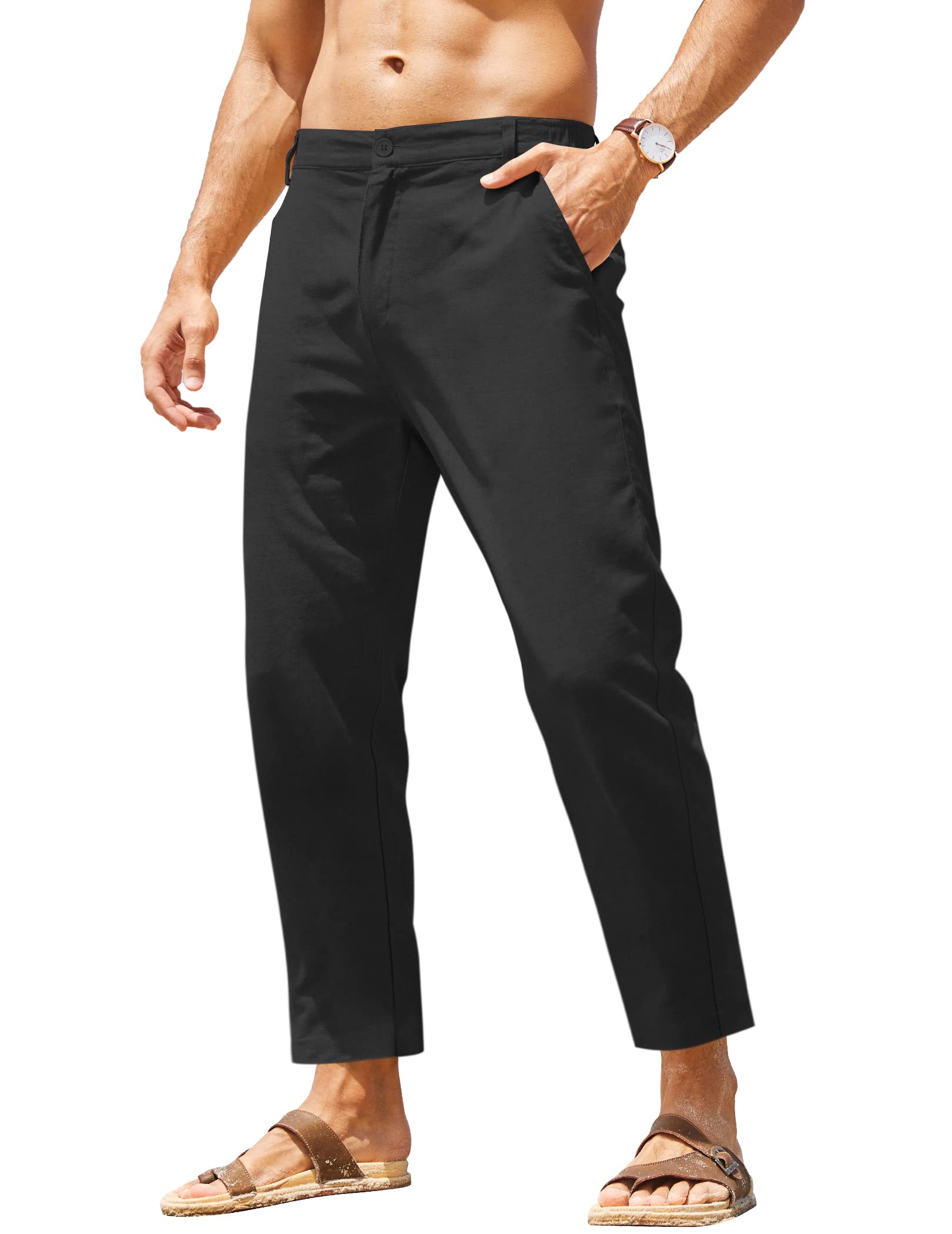 Men's Cotton Linen Pants Elastic Waist Lightweight Casual Pant