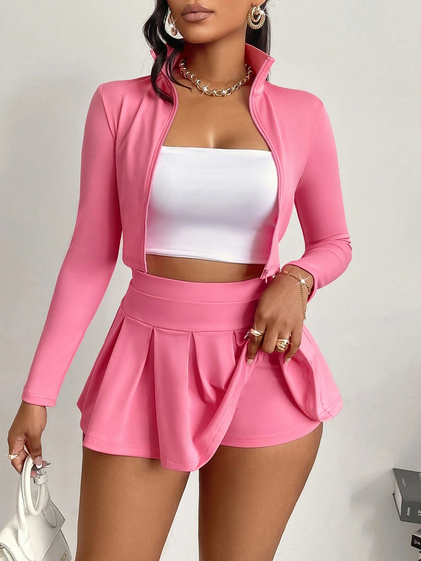 Women's Solid Two-Piece Set Cropped Jacket & Pleated Skirt Set