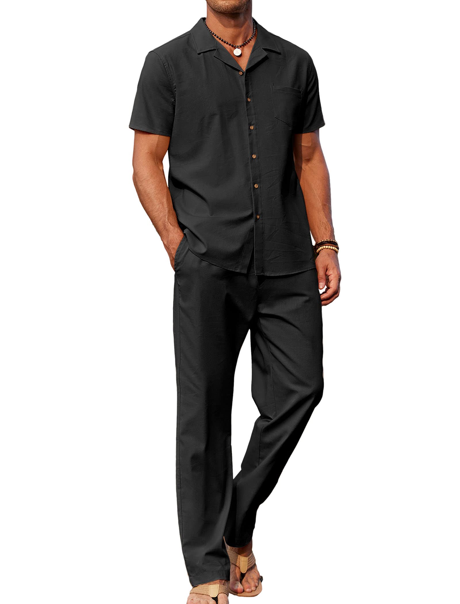🔥Hot Summer Pick - Men's 2-Piece Linen Outfit Beach Button Down Shirt & Casual Loose Pant Set