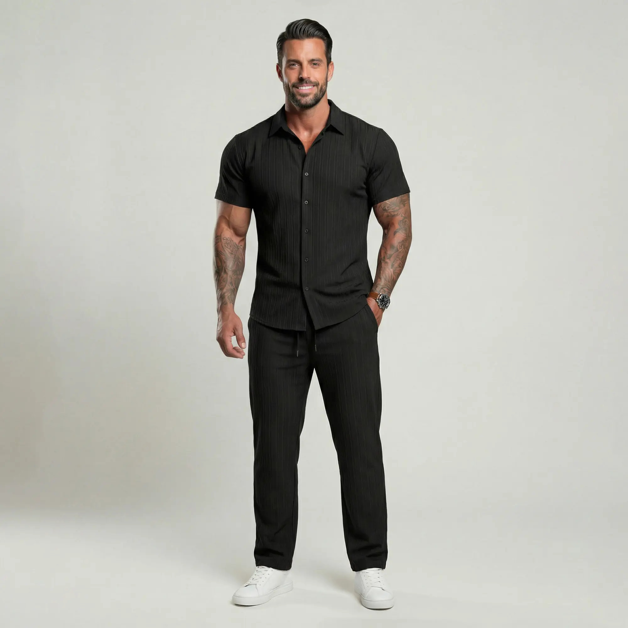🔥Hot Summer Pick - Men's Button-Front Shirt & Drawstring Pocket Trousers Set