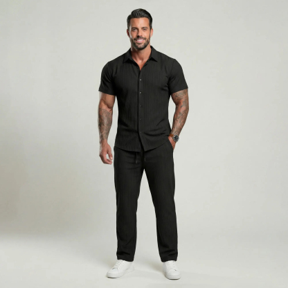 🔥Hot Summer Pick - Men's Button-Front Shirt & Drawstring Pocket Trousers Set