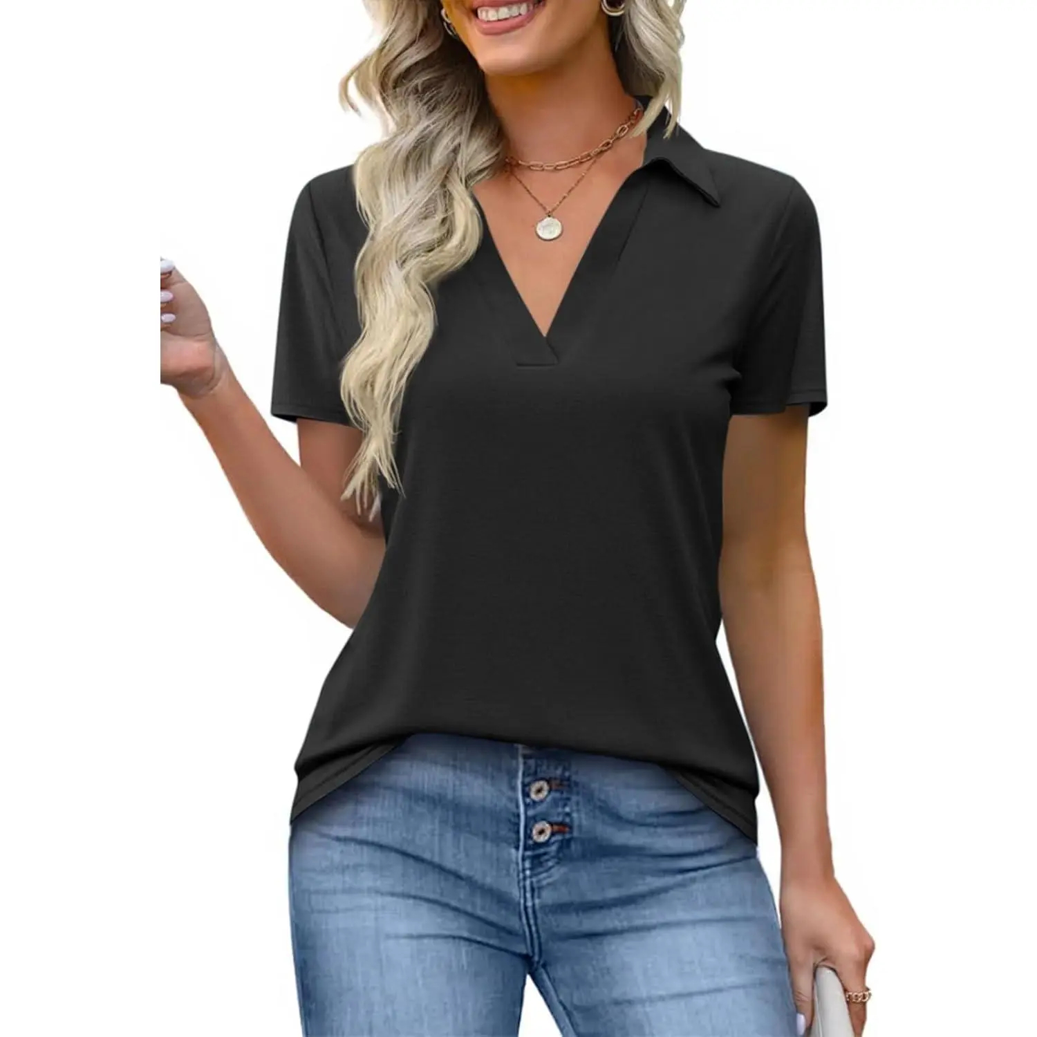 Women's Short-Sleeve Fitted Lightweight V-Neck Polo Shirt