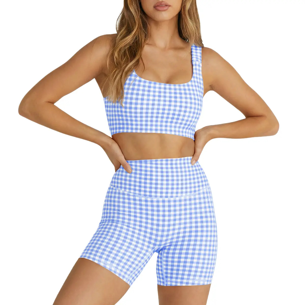 Women's 2-Piece Athleisure Wear Set Padded Gingham Crop Tank Top & High Waisted Sports Yoga Short