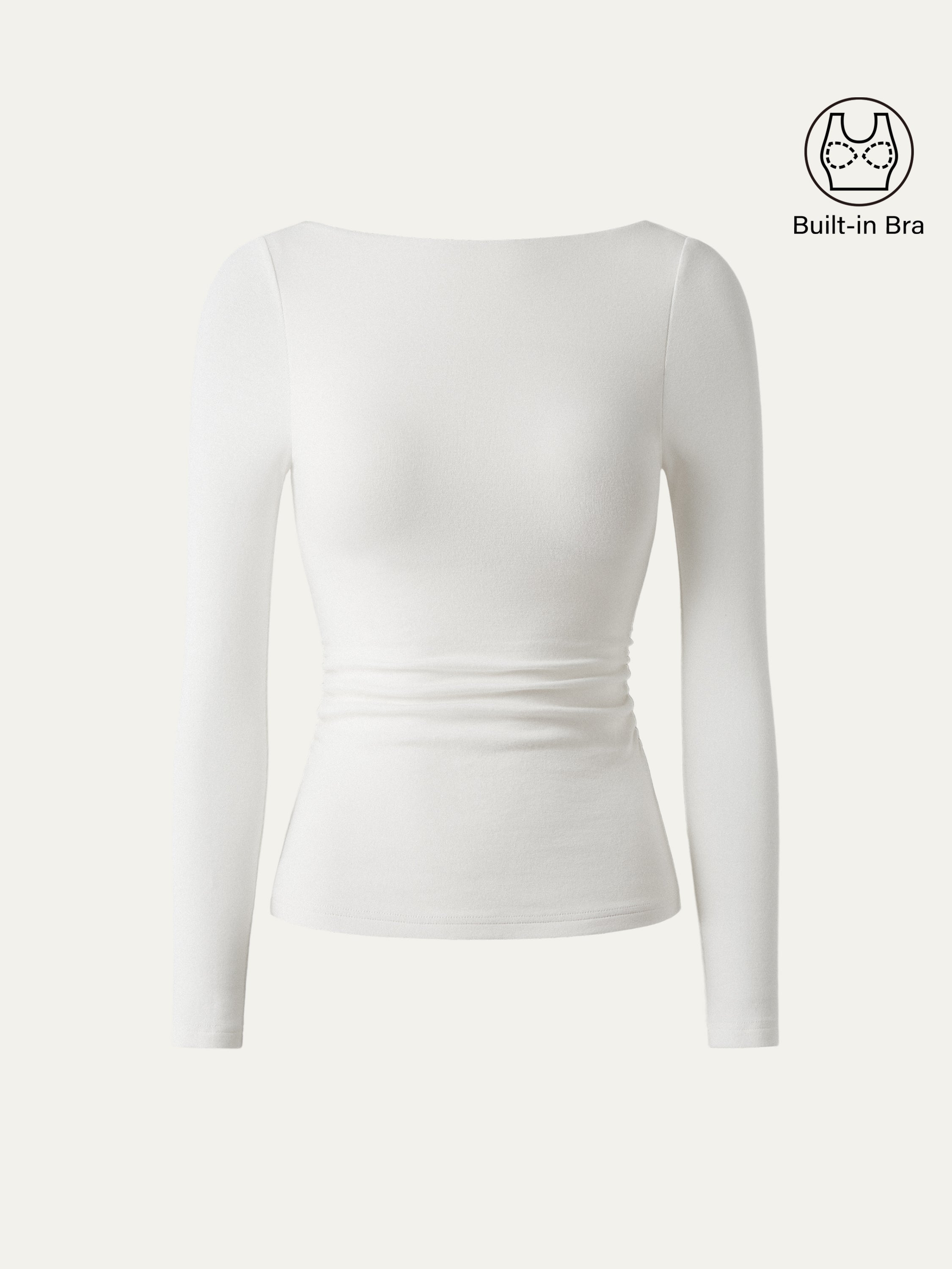 LiteWarm Boatneck Long Sleeve Open-Back Ruched Built-In Bra Top