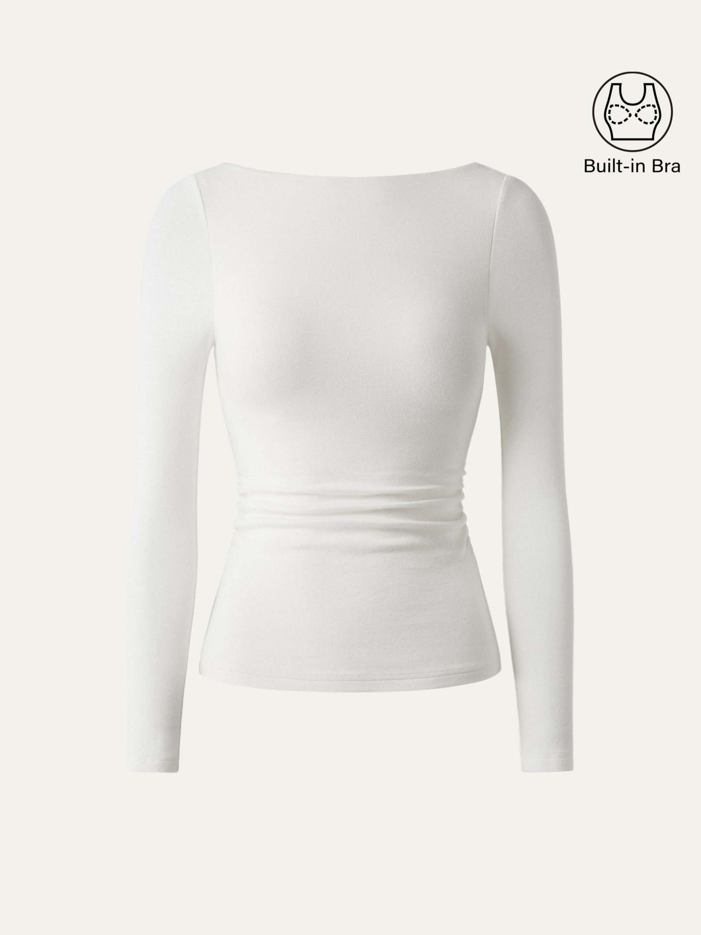 LiteWarm Boatneck Long Sleeve Open-Back Ruched Built-In Bra Top